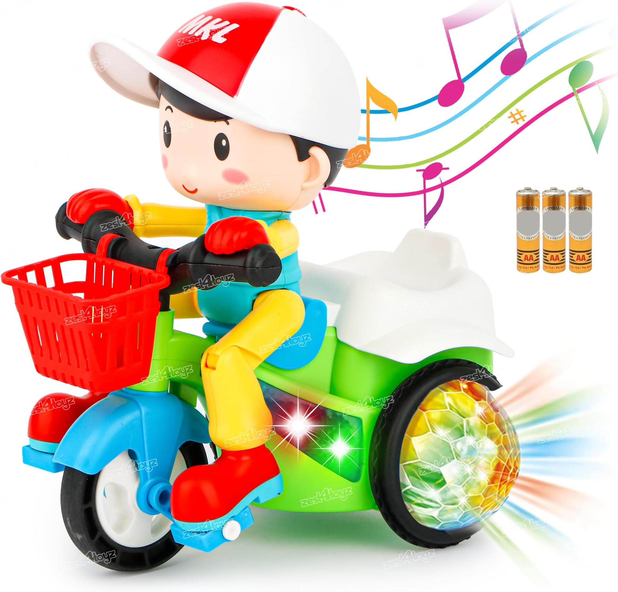 Zest 4 Toys Stunt Tricycle - Bump & Go with 4D Lights, Dancing Action, Battery Operated Plastic Toy for Boys & Girls - Multi Color (Battery Included)
