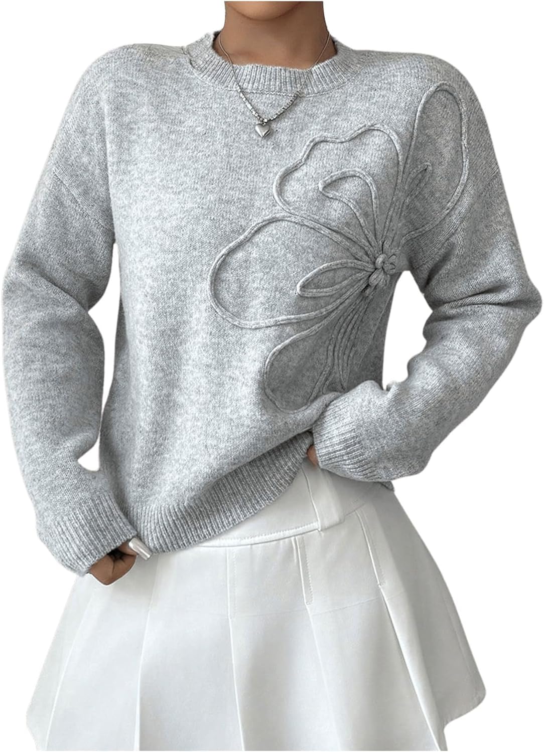 Verdusa Women's Spring 3D Flower Appliques Crewneck Sweaters Long Sleeve Drop Shoulder Pullovers Knit Going Out Tops - Image 5