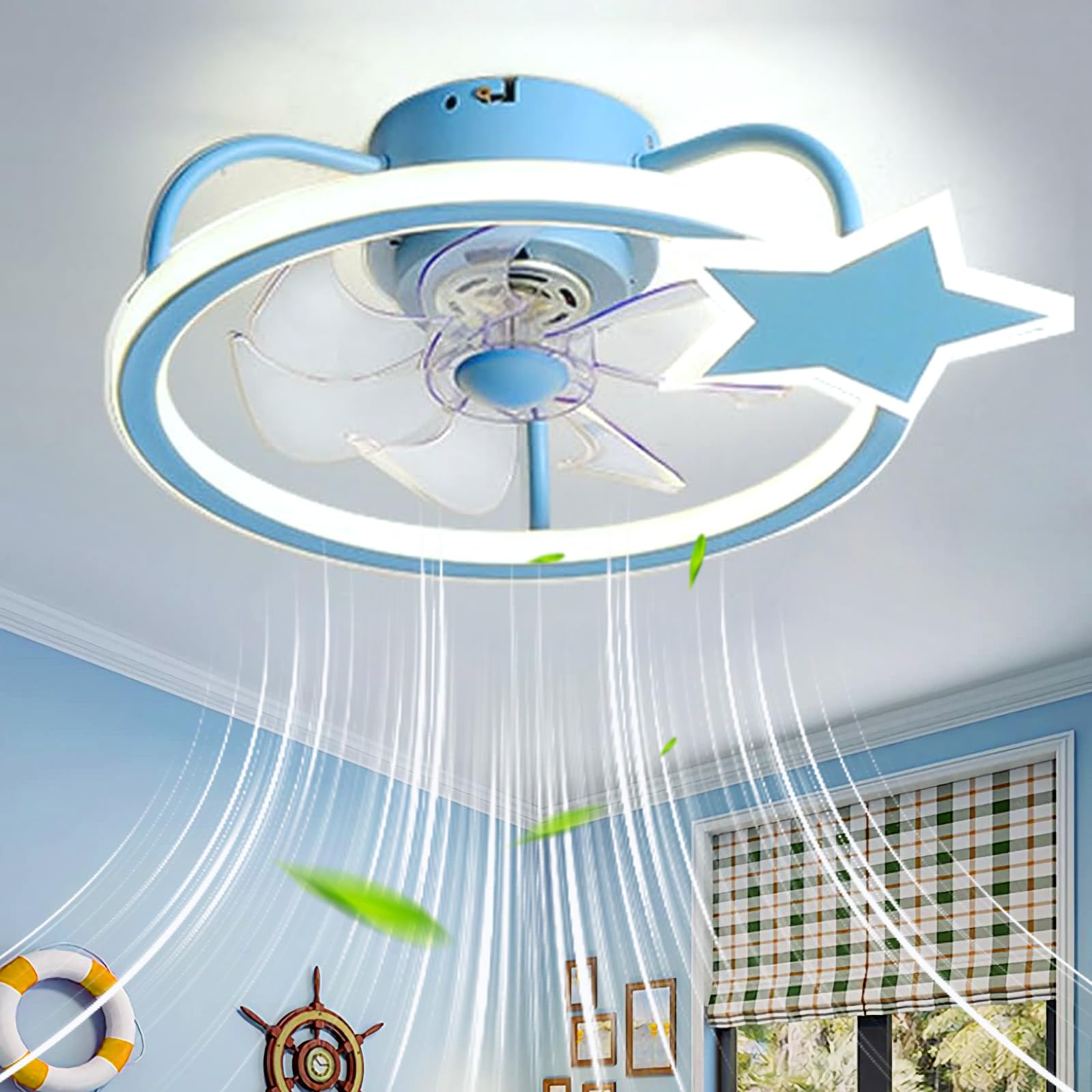 Kinder Plafondventilator met Verlichting en Afstandsbediening APP Dimbaar, LED Ventilator Lamp Plafond Stil 6 Snelheid Omkeerbare Winter Zomer, Plafond Ventilator met Licht voor Slaapkamer-Blue