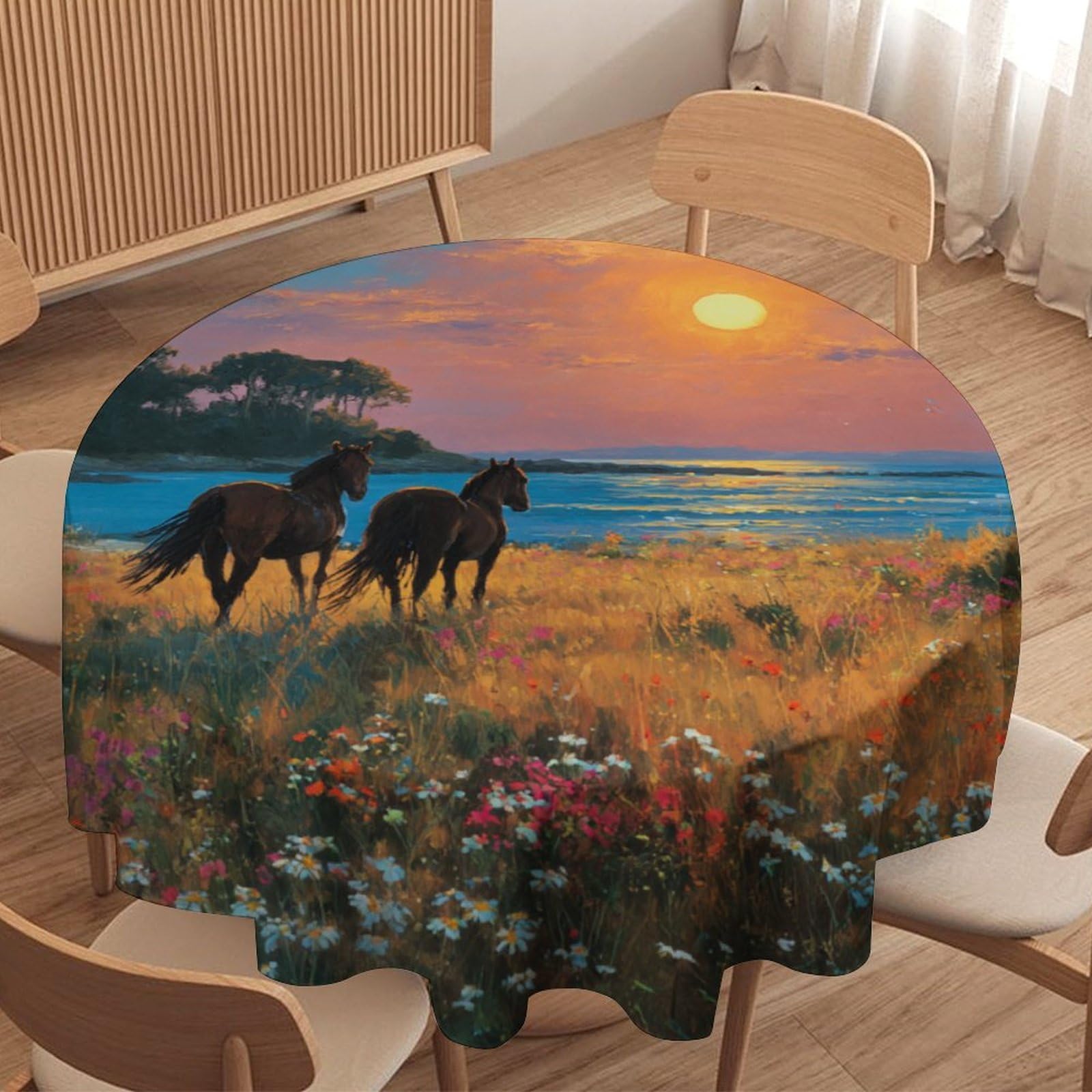 LUYYSKY Vintage Watercolor Western Horse Waterproof Round Tablecloth Classic Realistic Sunset Seaside Beach Animal Horses Daisies Floral Washable Table Cover for Kitchen-152.4" Wx152.4 L cm
