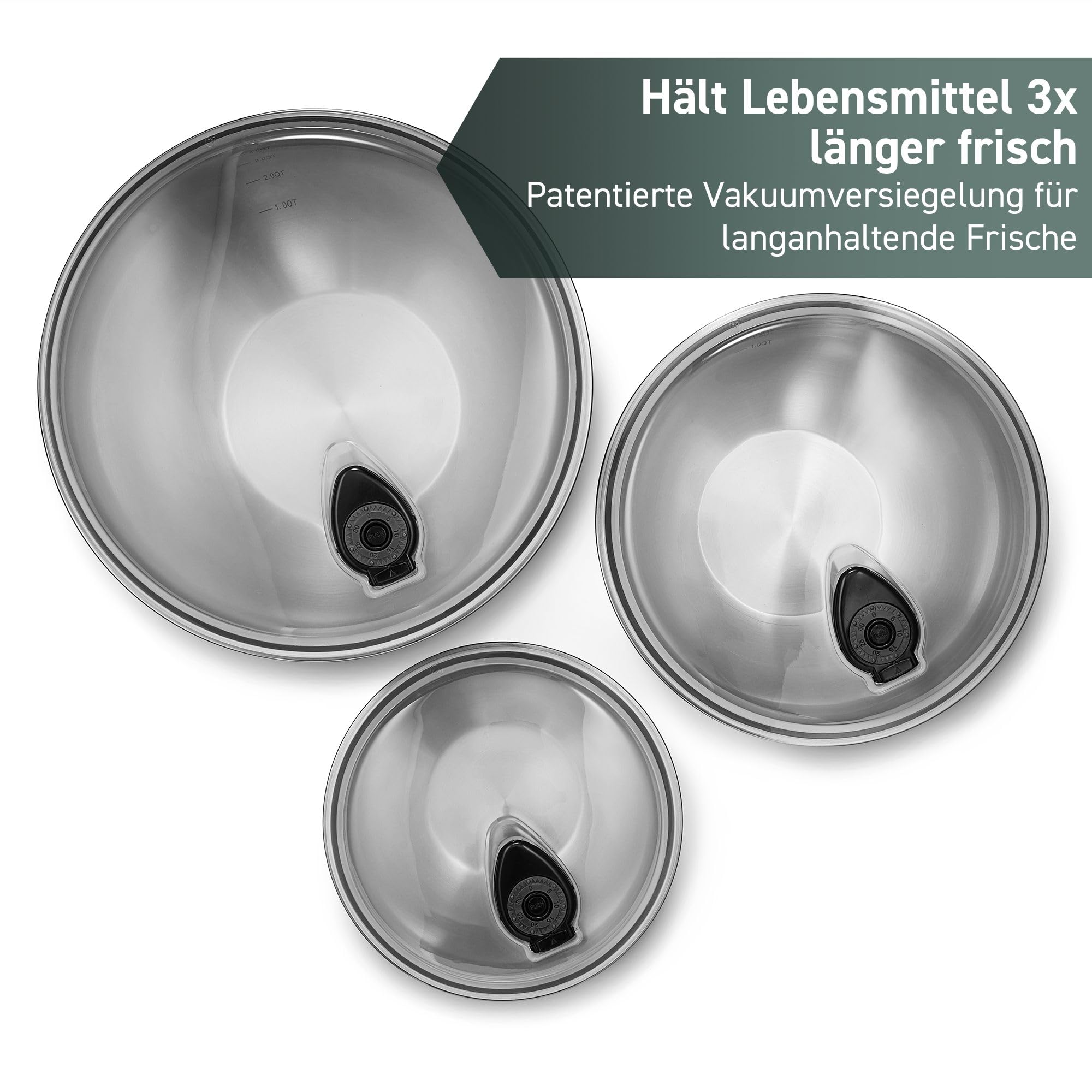 HexClad Edelstahl-Rührschüssel-Set, 3-teilig – Premium-Edelstahlschüsseln mit Deckel – Rutschfeste Silikonbasis, vakuumversiegelte Deckel – Stapelbar & spülmaschinengeeignet