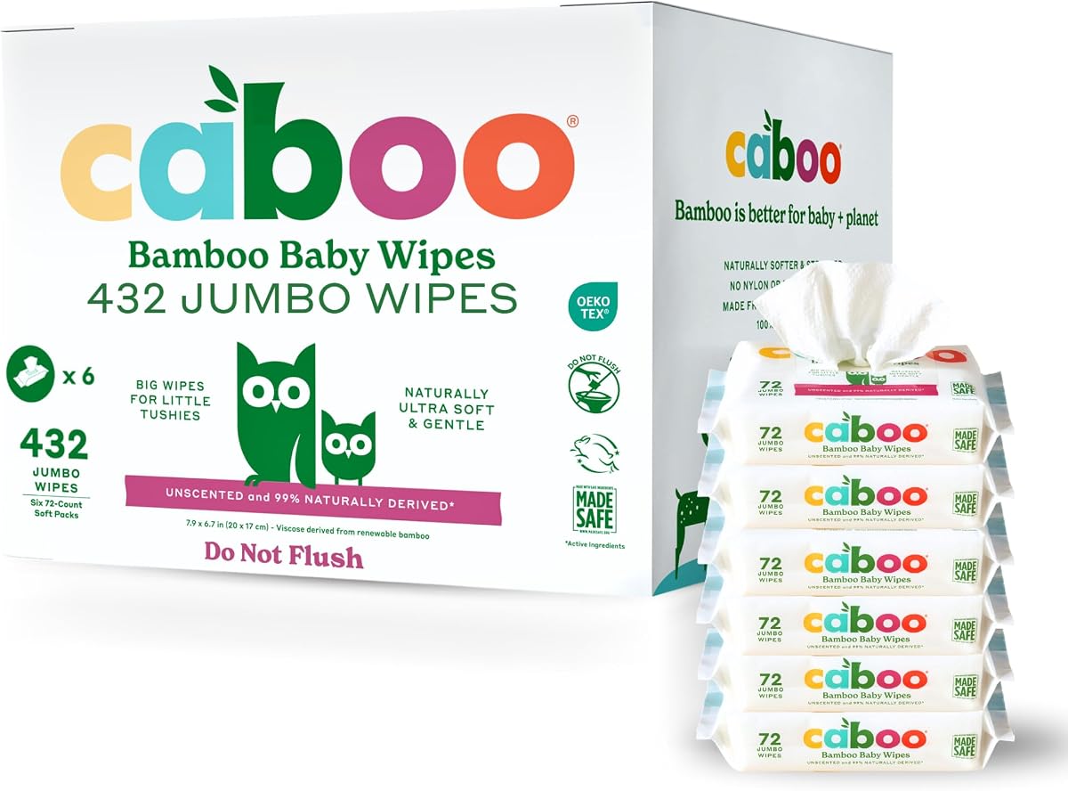 Caboo Baby Wipes, Made with Bamboo Viscose, Certified Made Safe Ingredients, Unscented Baby Wipes Good for Sensitive Skin, 72 Wipes Per Travel Pack, Total of 216 Wet Wipes | 100% Renewable Bamboo Based Viscose, Jumbo Size, Certified Made Safe, Hypoallergenic, Resealable Tab