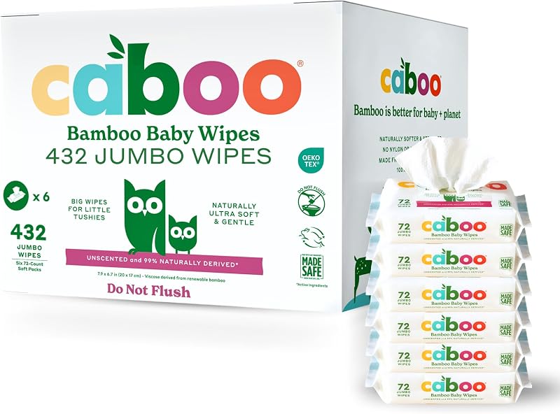 Caboo Baby Wipes, Made with Bamboo Viscose, Certified Made Safe Ingredients, Unscented Baby Wipes Good for Sensitive Skin, 72 Wipes Per Travel Pack, Total of 216 Wet Wipes | 100% Renewable Bamboo Based Viscose, Jumbo Size, Certified Made Safe, Hypoallergenic, Resealable Tab