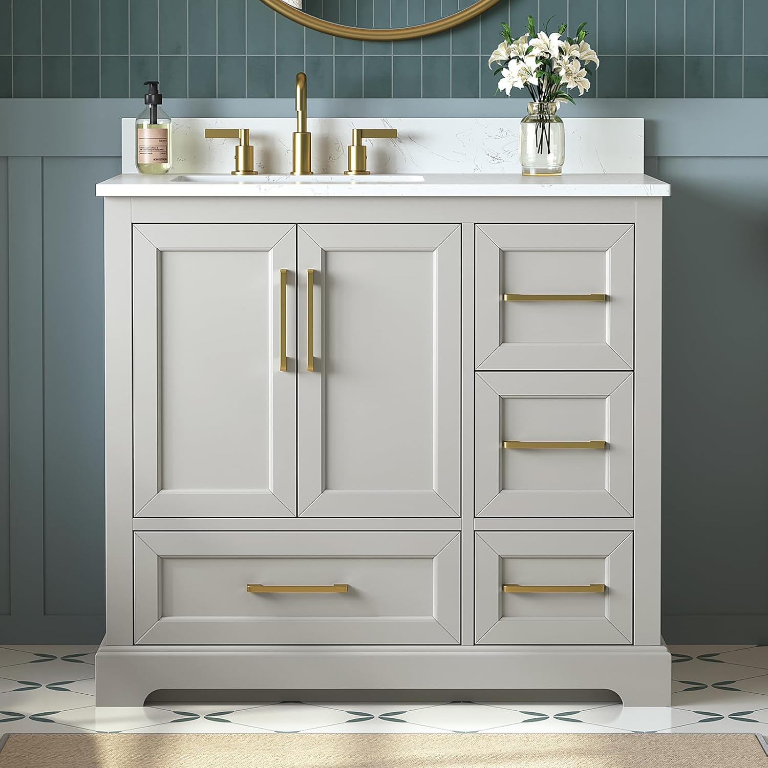 36 Inch Bathroom Vanity with Sink Combo, Solid Wood Frame with Mable Top &Backspalsh, Fully-Assembled with Soft-Closing Doors & 4 Drawers, Greige
