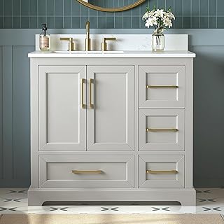 36 Inch Bathroom Vanity with Sink Combo, Solid Wood Frame with Mable Top &Backspalsh, Fully-Assembled with Soft-Closing Doors & 4 Drawers, Greige