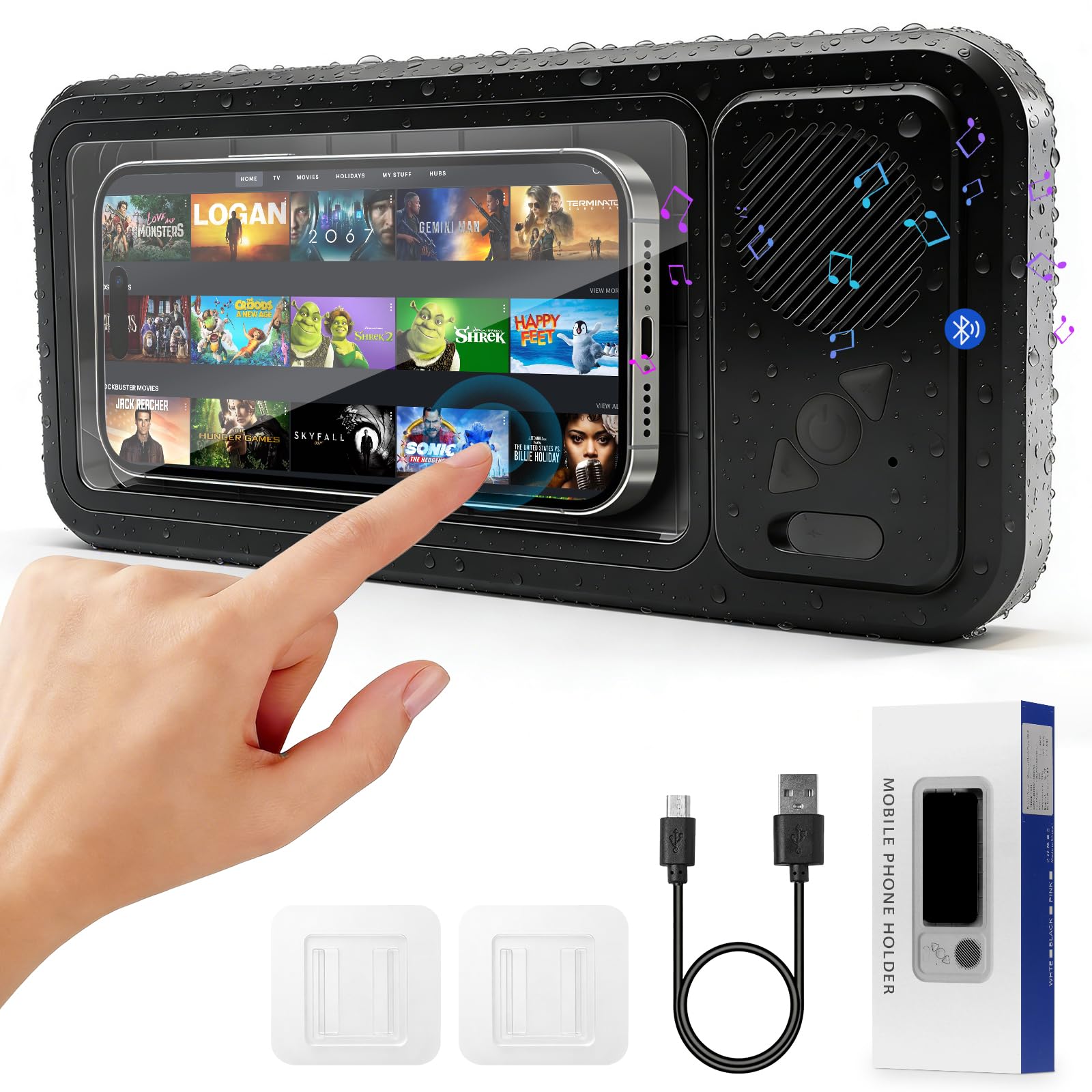 Supporto per telefono da doccia impermeabile con Bluetooth, IPX8, ventosa/montaggio a parete girevole a 360°, altoparlante da 5,3 pollici integrato per bagno/cucina/piscina, per iPhone 16/15/14