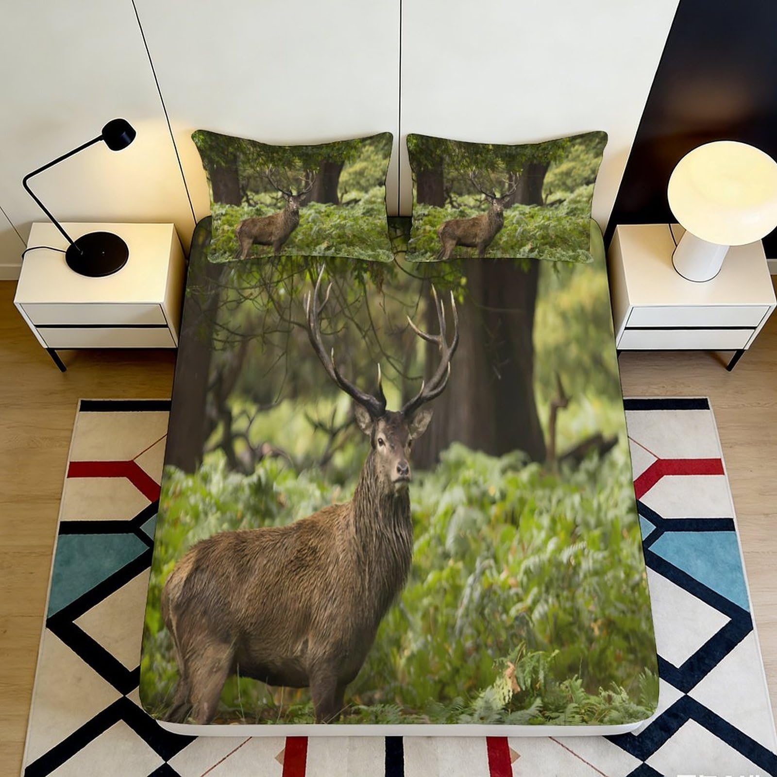 3D Printed Forest Deer Fitted Sheet Microfiber Soft Breathable Woodland Elk Bed Cover for Bedroom Dorm Mattress Protection Decor 90x200x25cm