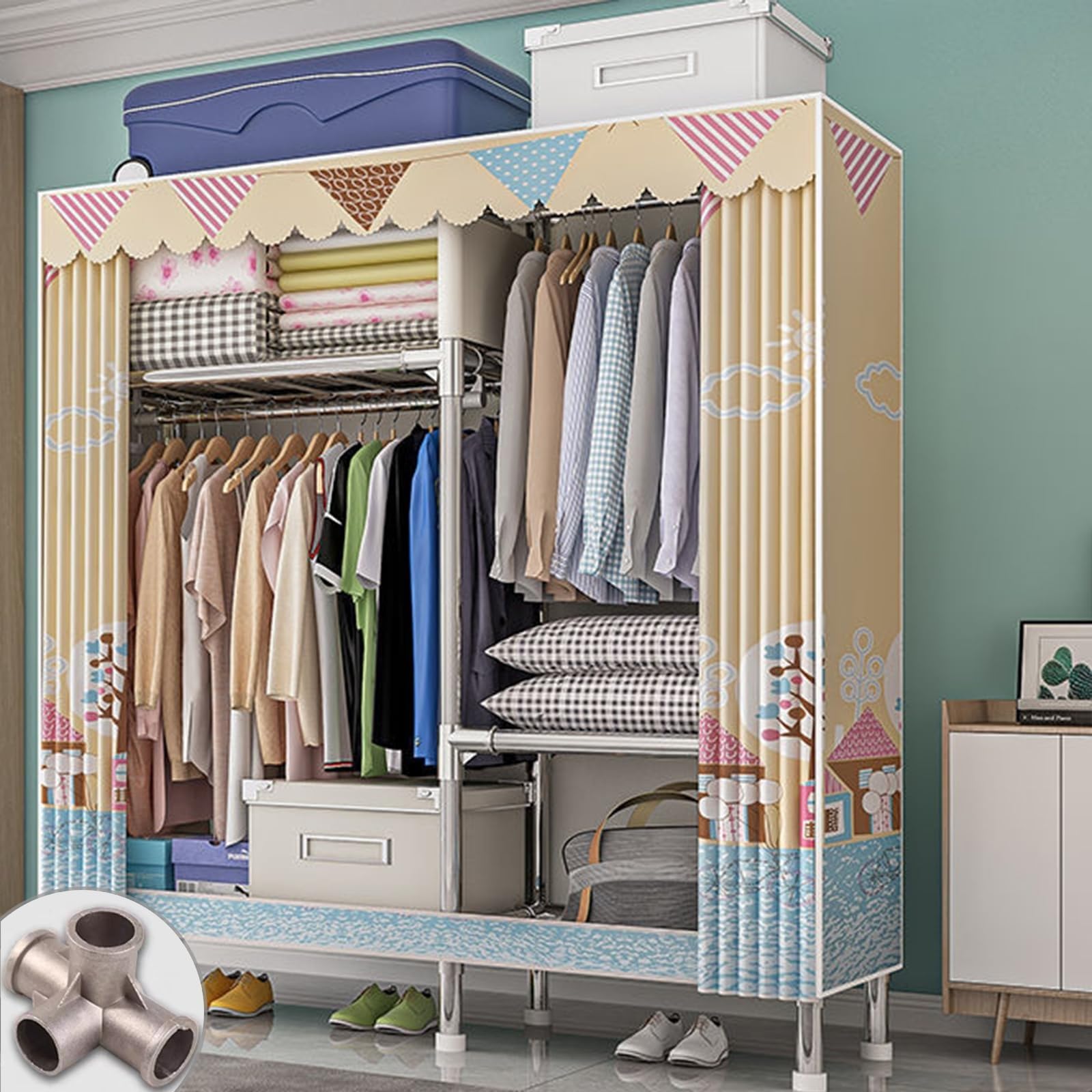 Armario de tela Oxford para ropa con riel y estantes en dormitorio