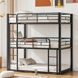 Miscoos Heavy Duty Triple Bunk Bed, Twin-Size Metal Bunkbeds with Ladder, Family-Friendly for All Ages, Bedroom, No Box Spring Needed, Easy Assembly, Black