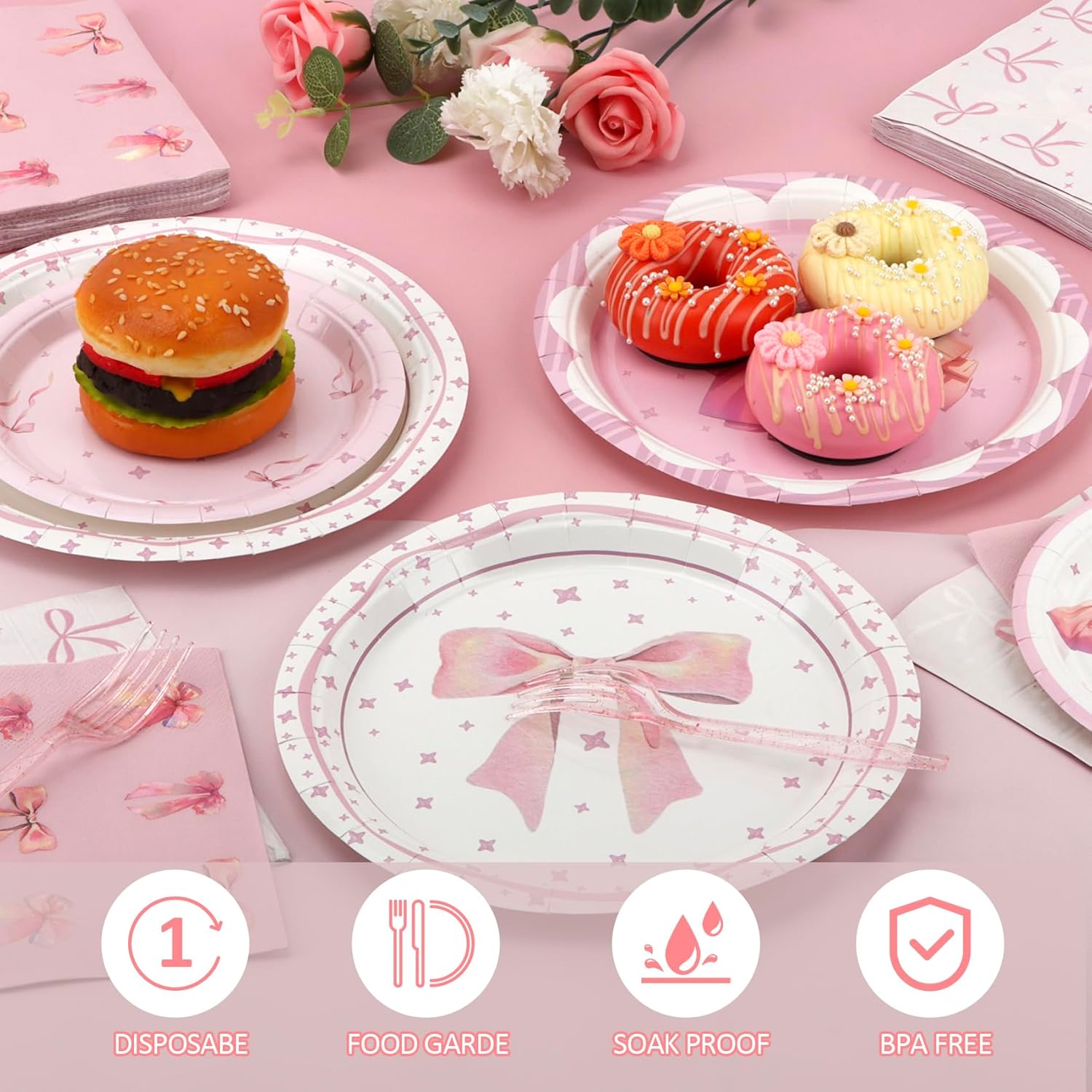 200 Pcs Pink Bow Paper Plates and Napkins,Conquette Birthday Supplies - Plates,Napkins and Forks Tableware for Girls Bachelorette-Serve 50 - Image 2