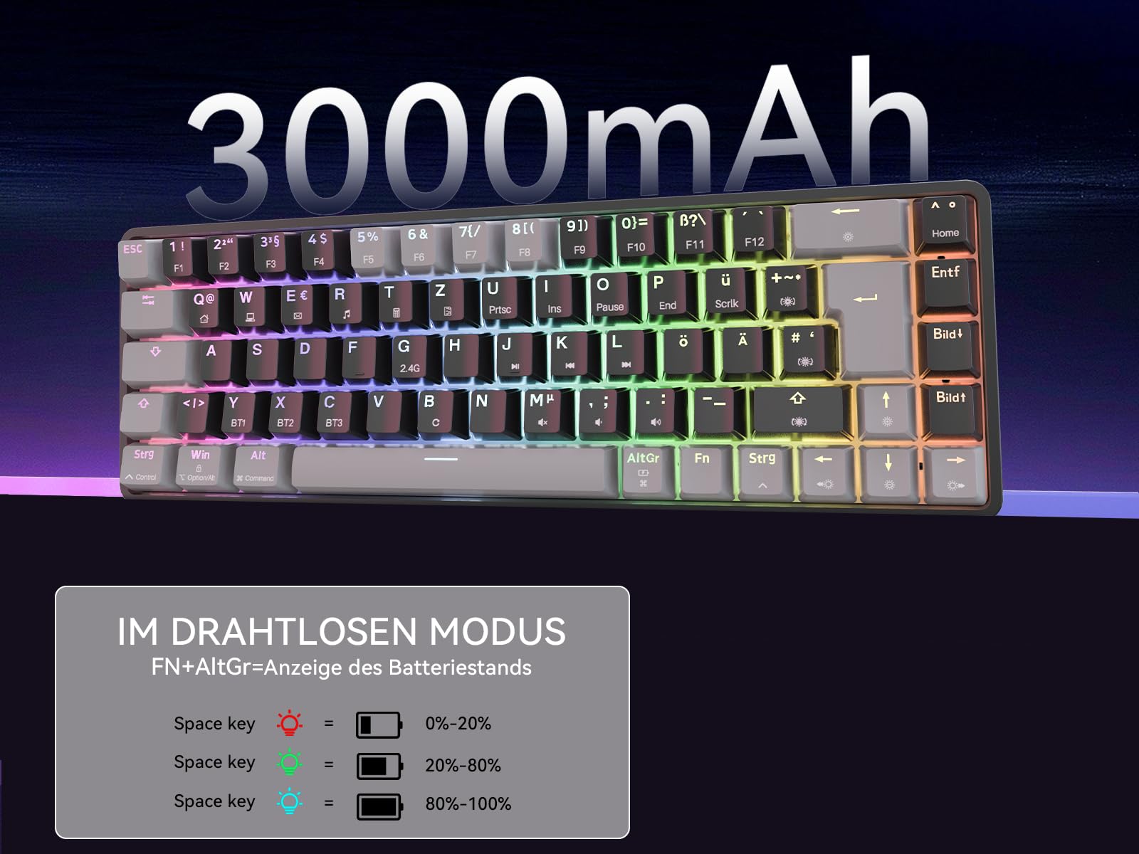 Dierya DK68 Kabellose Gaming Tastatur Deutsches Layout-QWERTZ,Bluetooth/2.4GHz/USB-C 68 Tasten RGB Beleuchtung Mechanische Tastatur,Linear Roter Switch,Grauschwarz