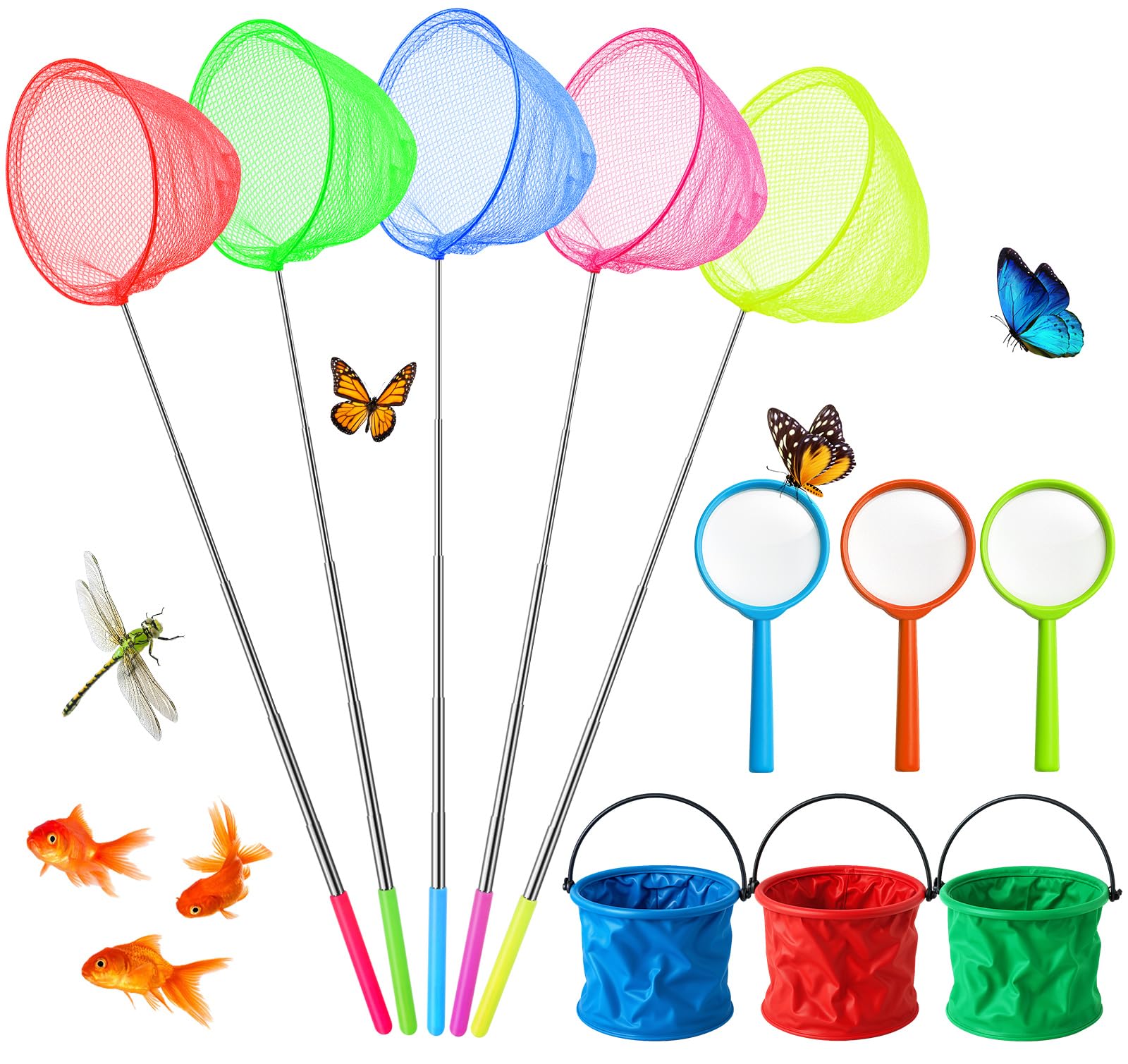 Furuising 11 Pack Kids Fishing Net Set, 5 Colorful Telescopic Butterfly Nets with 3 Magnifier and 3 Foldable Bucket Kit with Handle(37-82cm) for Pond Dipping, Rock Pool, Catching Fish, Crab, Insect