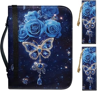 Blue Rose Butterfly Bible Cover for Women with Bookmarks PU Leather Bible Carrying Case 10x7 Inch Lightweight Church Bag with Handle Easy to Carry
