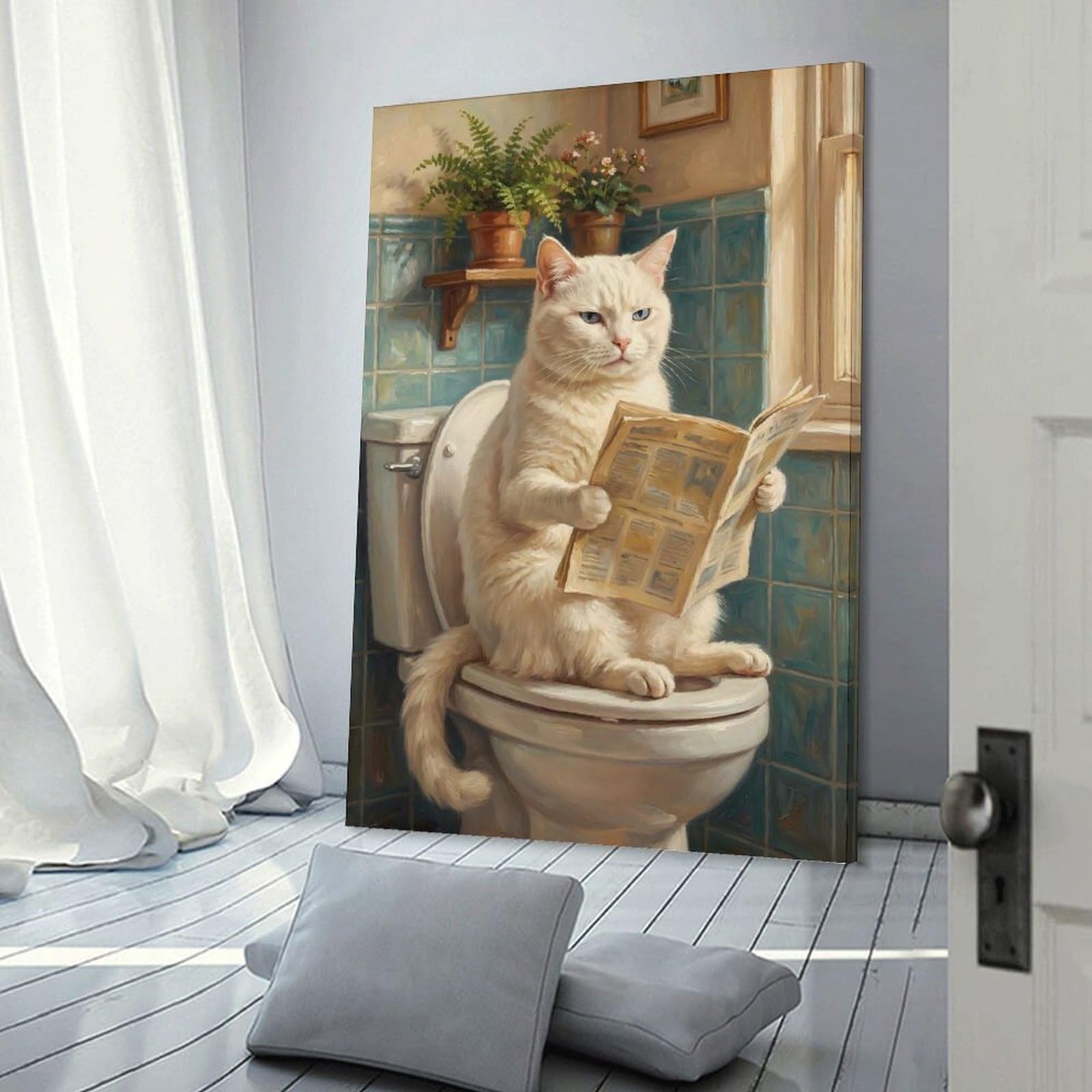 Junmoney Frame-Style-15 Canvas Art Print White Cat Reading Newspaper On Toilet, 24X36inch(60X90cm), For Contemporary Homes, Apartments Or Offices, Decorative Canvas Decor For Home Updates