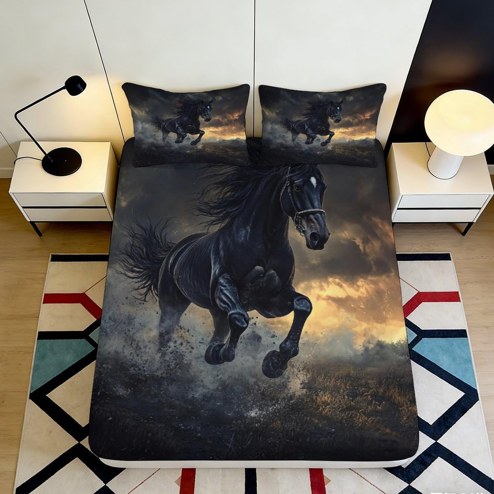 3D Printed Black Horse Fitted Sheet Microfiber Soft Breathable Sunset Wild Stallion Mattress Cover for Bedroom Guest Room Decor 90x200x25cm