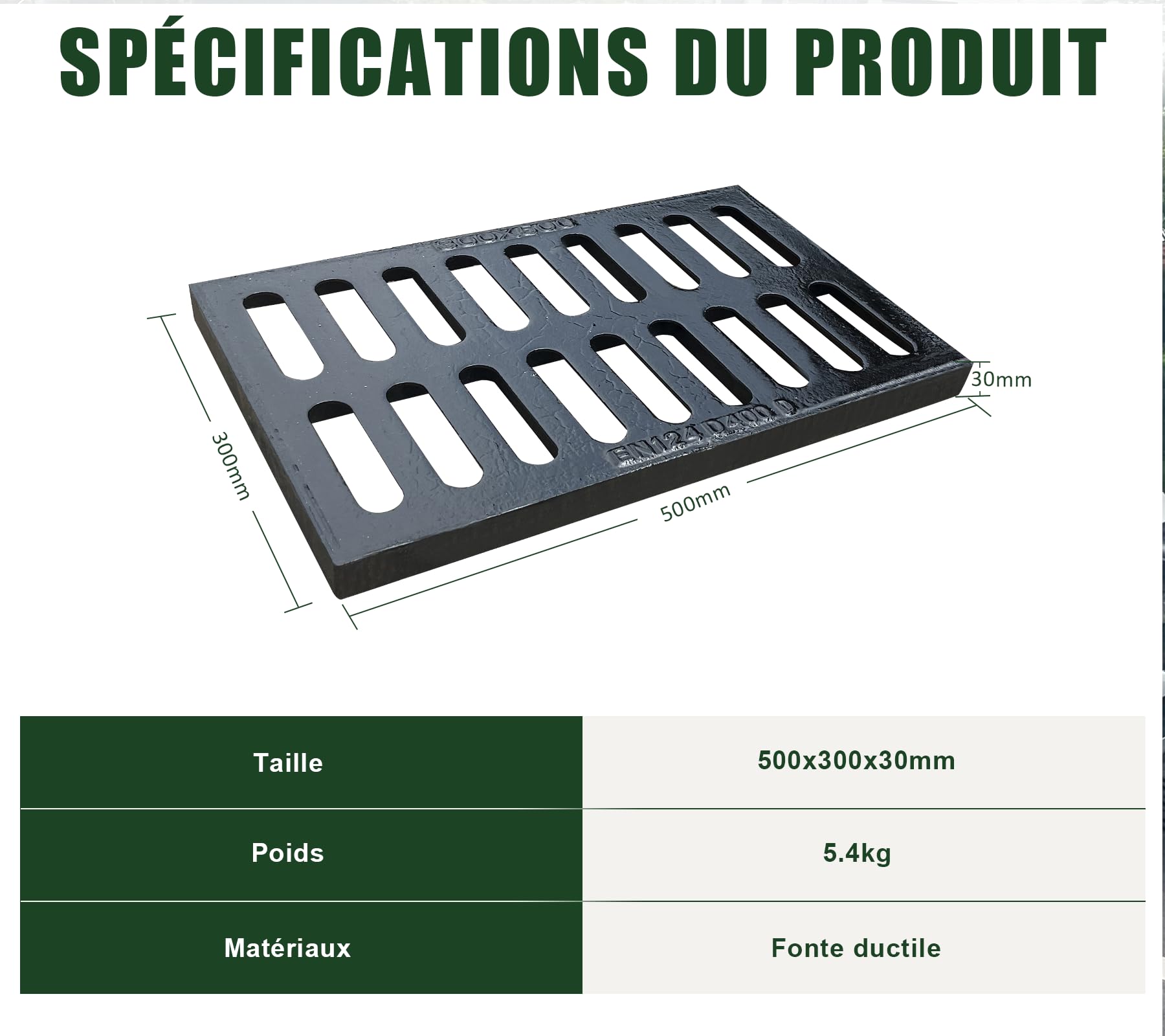 Rejilla de drenaje para zanjas, 500 x 300 mm, de hierro dúctil, resistente, rectangular, rejilla de drenaje de metal, para entradas, jardines, eliminación de aguas residuales, senderos