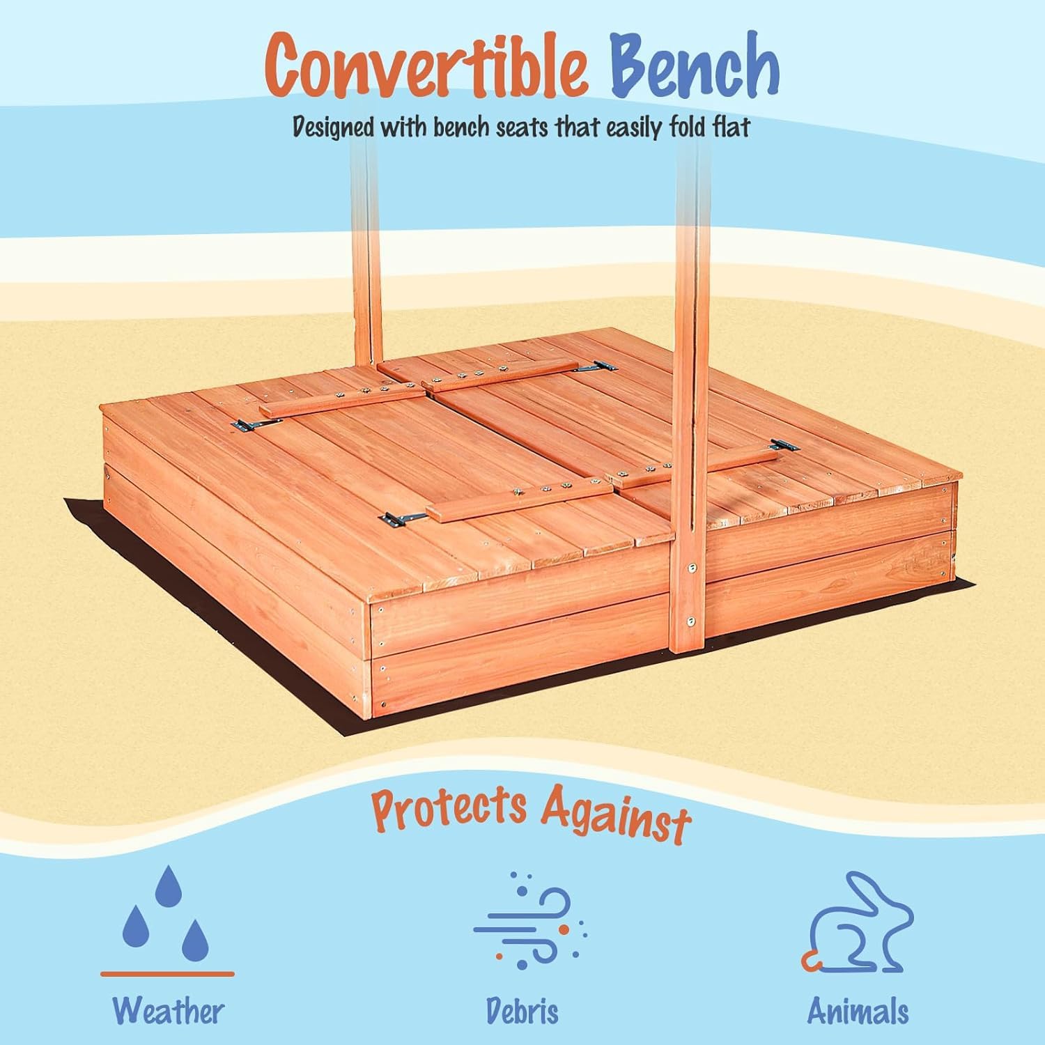 Kids Wooden Sandbox with Cover, Foldable Bench Seats, Retractable Roof, Outdoor Playset, Large Sand Pit with Lid (Natural Wood, Blue & White Striped Canopy, 48 Inch)
