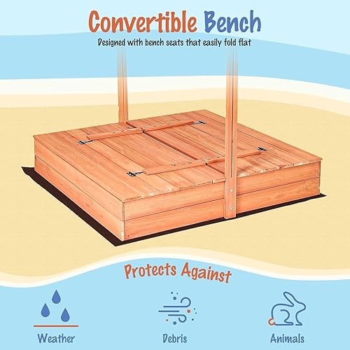 Miniatura 2 de Caja de arena de madera para niños con cubierta, asientos de banco plegables, techo retráctil, juego al aire libre, gran pozo de arena con tapa