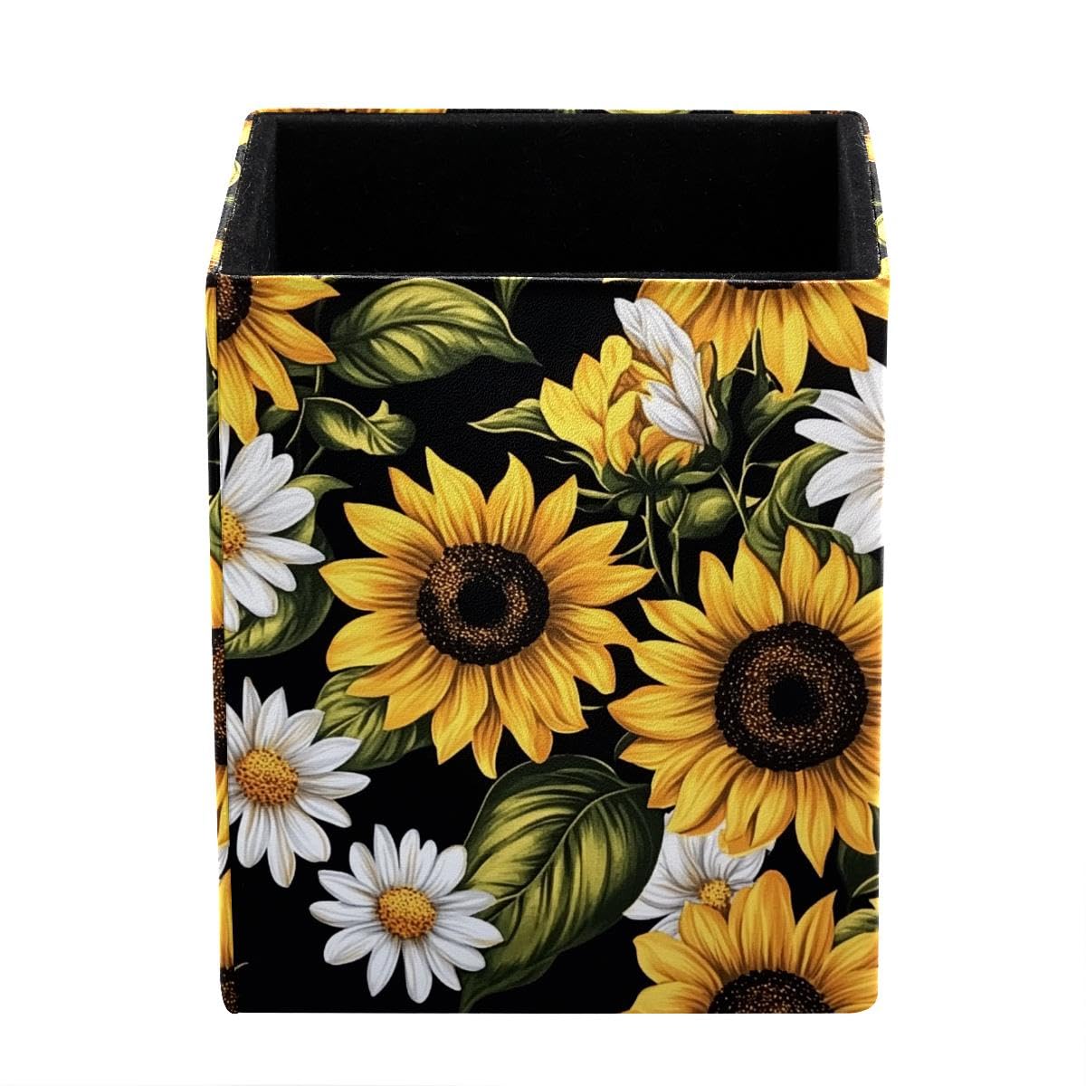 HEOEH Sunflowers Daisies Pen Holder Pen Pot, Square Pencil Cup for Desk