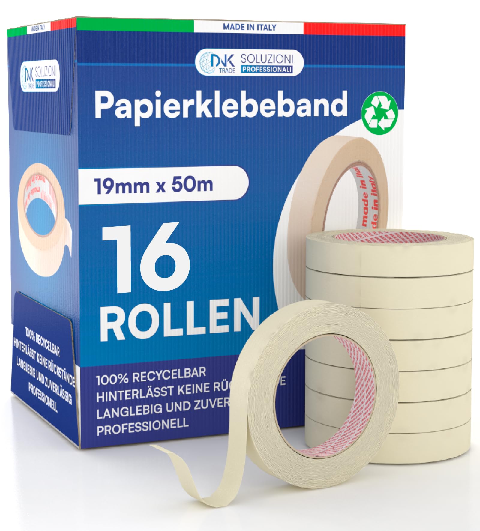 DNK TRADE 16x Malerband 19mm x 50m Malerkrepp Kreppband Professionelles | Vielseitiges Klebeband für Malerarbeiten ohne Lösungsmittel - Abklebeband
