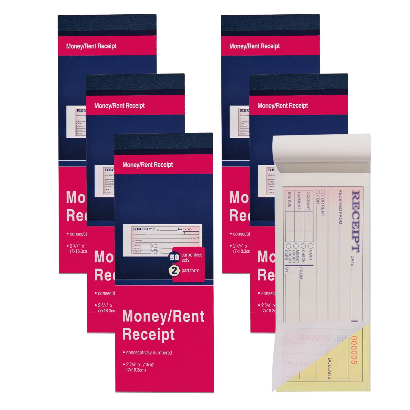 ANABIUP 6 Pack Receipt Book with Carbon Copies, Money and Rent Receipt Book for Small Business, 2-3/4" x 7-3/16", 2-Part Carbonless, 50 Sets per Book