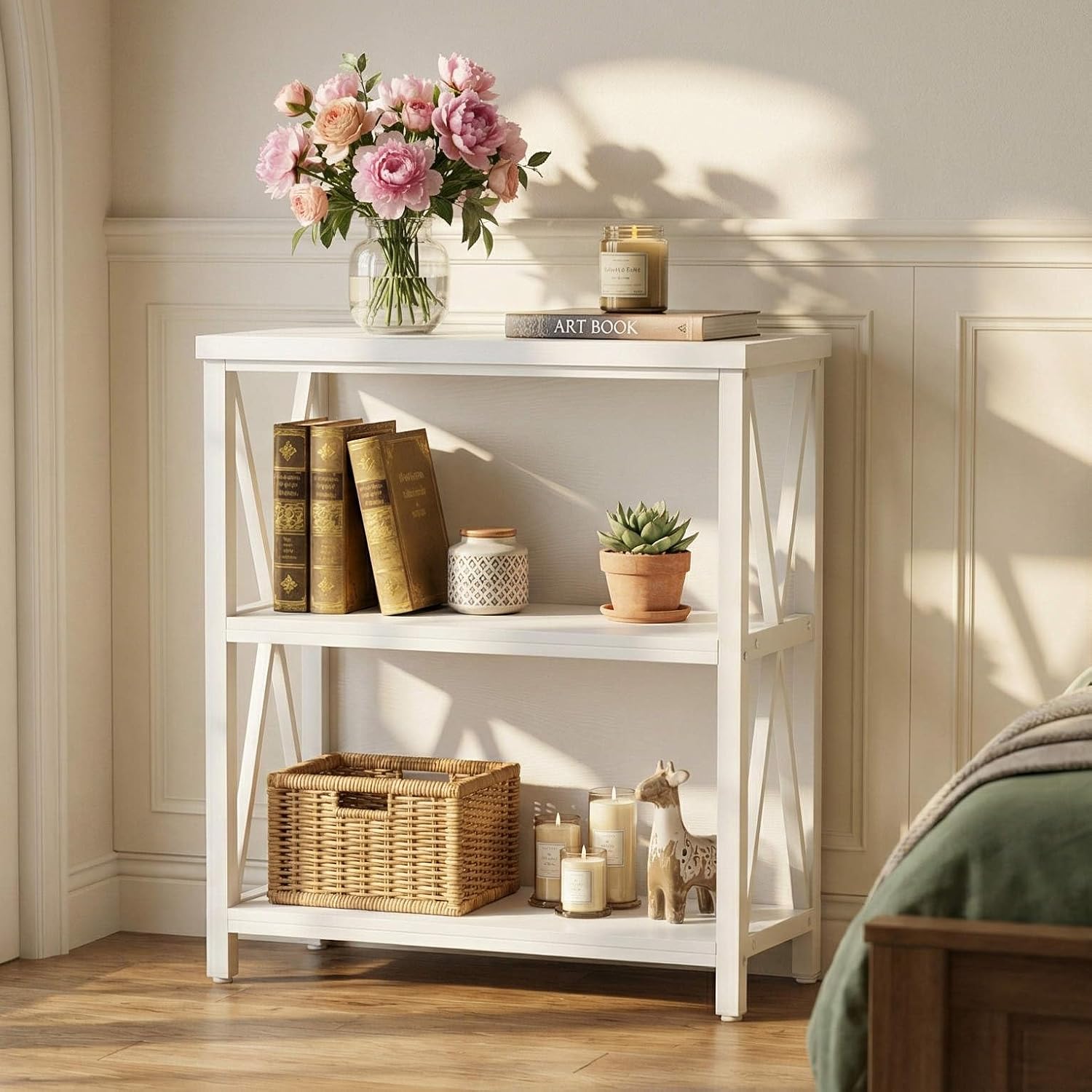 FATORRI Small Bookshelf for Small Space, Short Rustic Low Bookcase, Modern Wood and Metal Book Shelf and Narrow Book Case for Living Room, Hallway (White Oak)