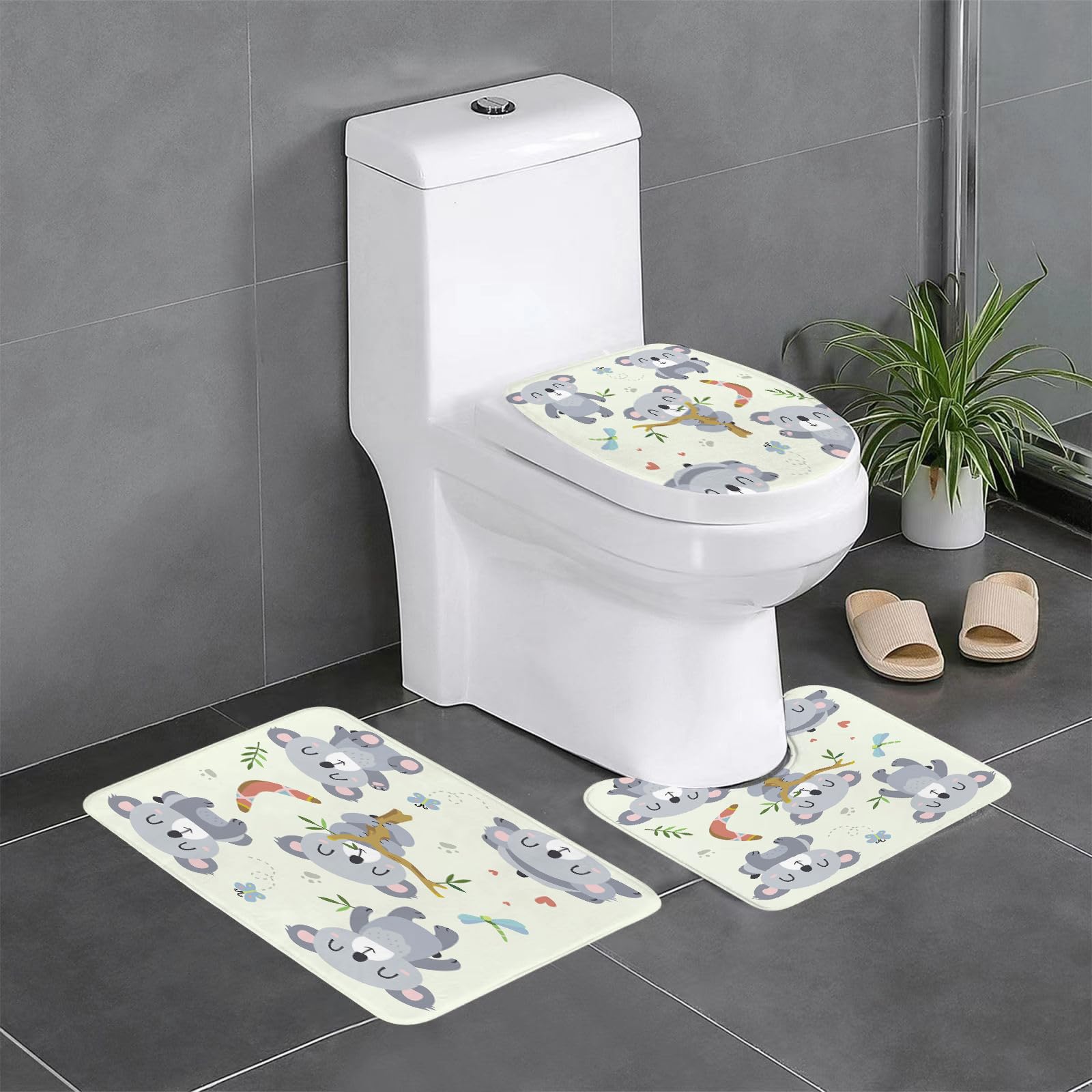 Set di 3 tappetini da Bagno, Lavabili in Lavatrice e Antiscivolo, in Morbida Fibra Superfine, con Motivo Koala vettoriale.