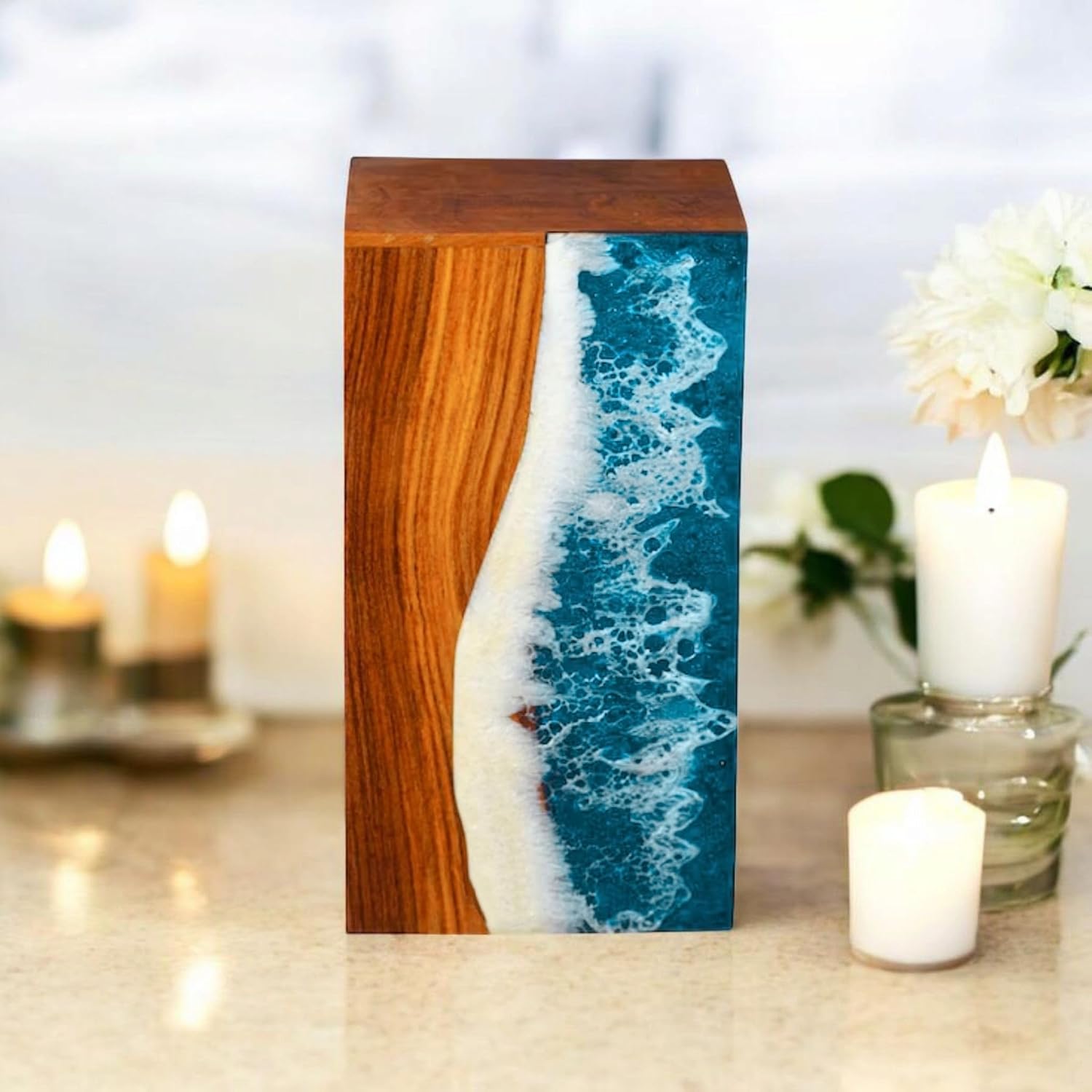 Handmade Wooden Keepsake Box with Ocean Wave Resin Art – Solid Rosewood Decorative Memory Storage Box – Personalized Gift Box – Coastal Design – Multiple Sizes (Medium (180lbs or 85kg))