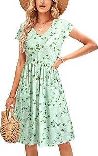 OUGES Women's Summer Dress, Short Sleeve/Long Sleeve Casual V-Neck Midi Dress with Buttons and Pockets