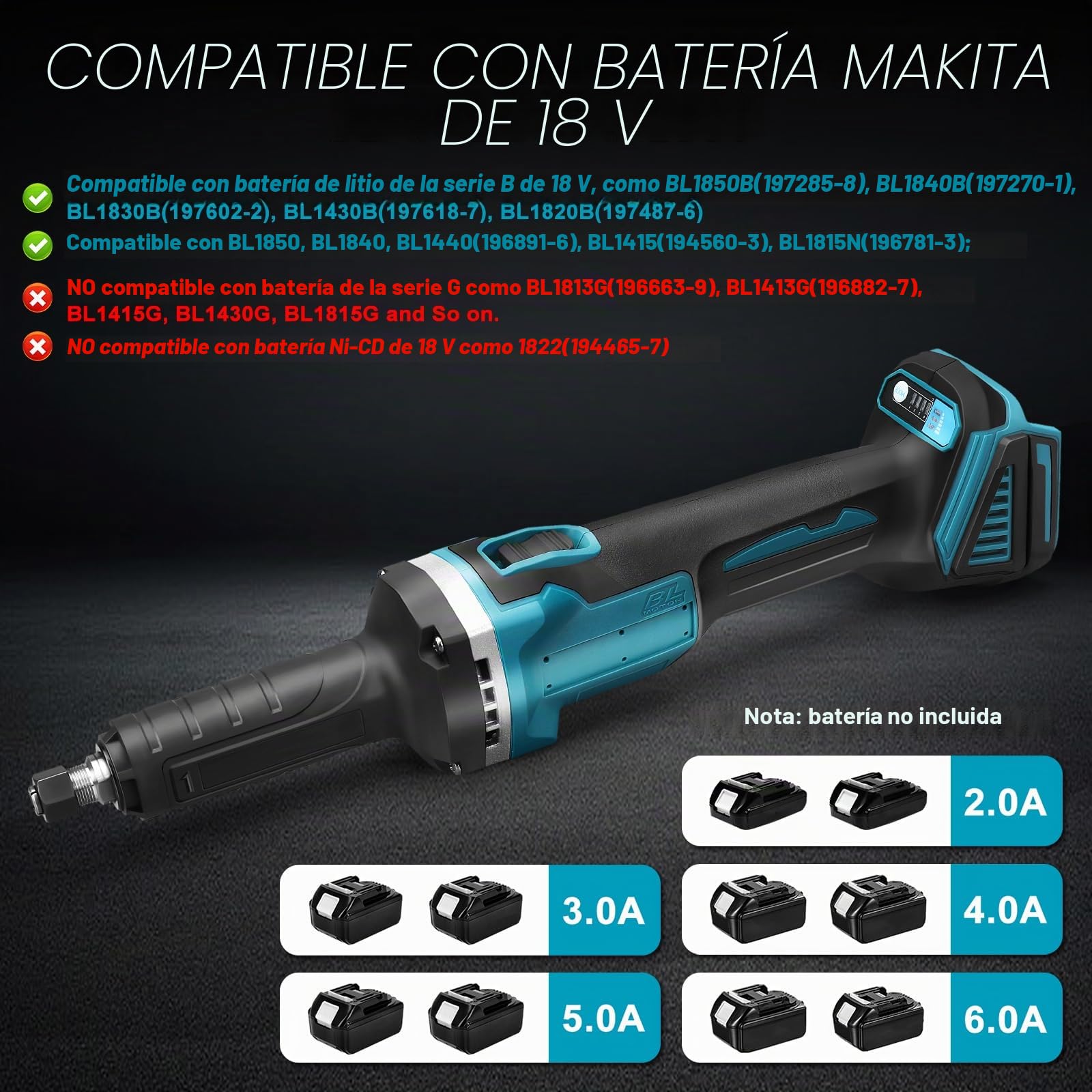 Lijadora recta con batería de 18 V, sin escobillas, portabrocas de 6 mm y 4 velocidades variables (sin batería)