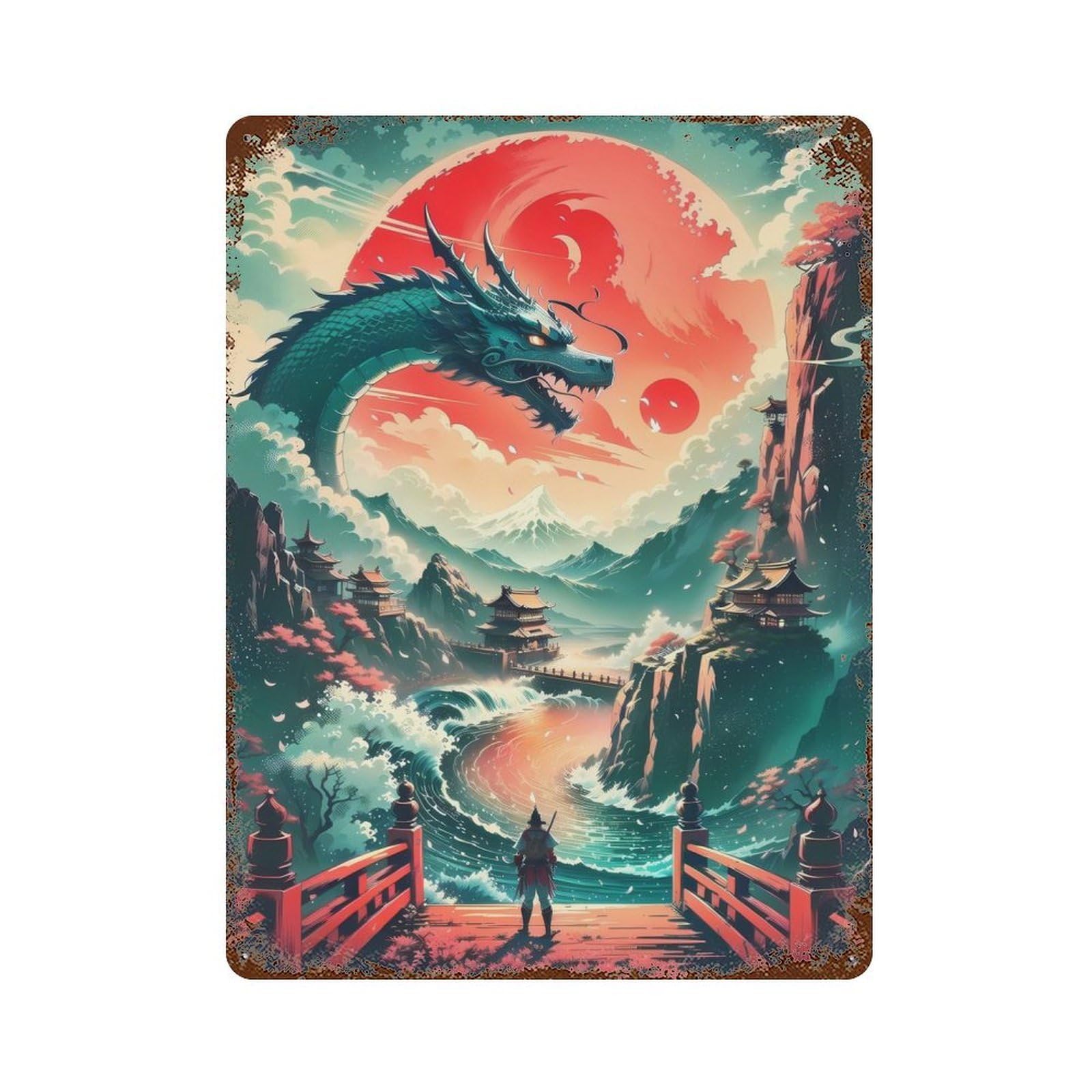 Aged Metal Wall Plaque with Dragon Sunset Watch Design 15.7"x11.8", for Cafe, Home Bar And Lounge Decor, Novelty Wall Decor