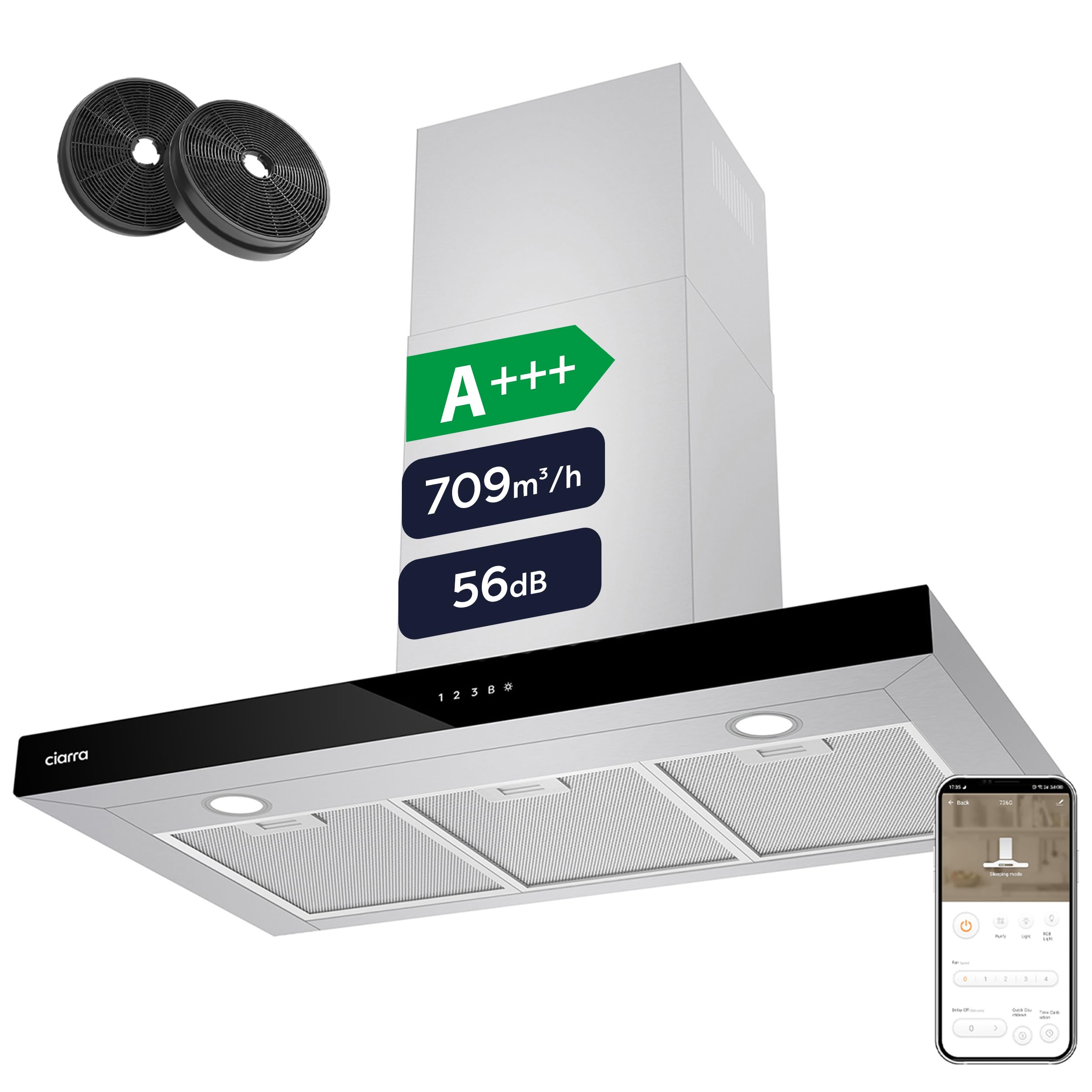 CIARRA CBCS9102 Classe A+++ Cappa Aspirante 90 cm - 709m³/h WiFi 61dB | Controllo Touch 4 Velocità con Booster - Filtro a Carbone CBCF003 Incluso