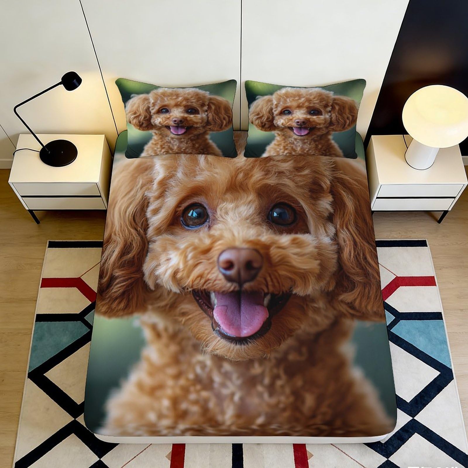 3D Printed Brown Poodle Dog Fitted Sheet Microfiber Soft Animal Portrait Bed Cover for Bedroom Dorm Mattress Protection Decor 90x200x25cm