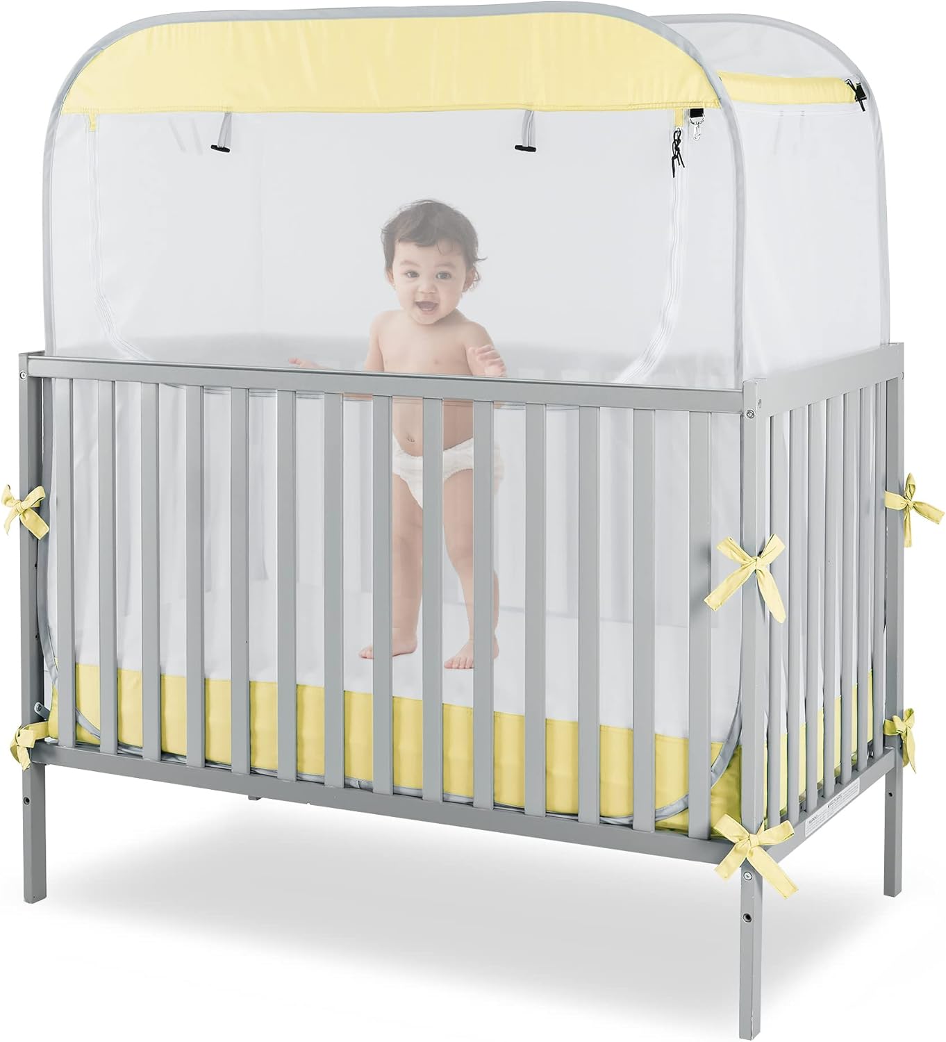 Porayhut Portable Baby Crib Net Safety Mesh Tent,Pop up Infant Mosquito Net, See Through Canopy Netting Cover for Baby&Toddler to Keep Baby from Climbing Out. Light khaki color black 