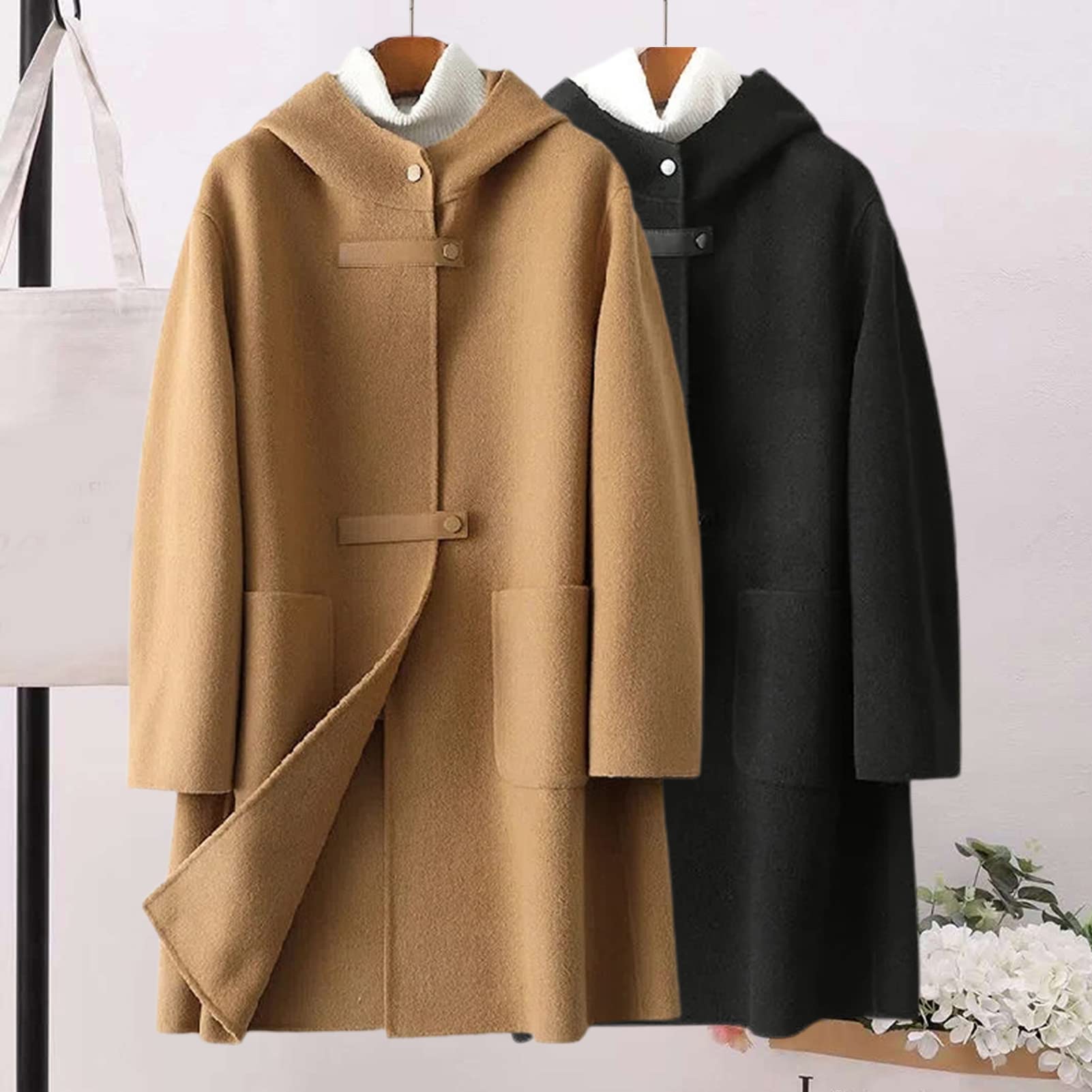 Cappotto da donna con cappuccio Inverno Maniche Lunghe Giacca Tasche Caldo Doppio Lato Lana Grande Formato Spessa Lady Soprabito