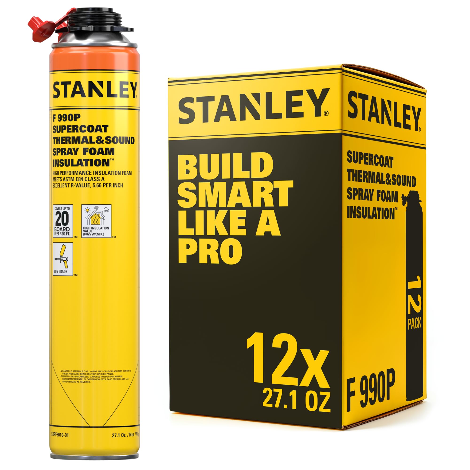 STANLEY Supercoat Spray Foam Insulation - Closed Cell Spray Foam Covers Up to 240 Sq.Ft. Gun Use, Gun Not Included, 27.1 oz, 12 Pack