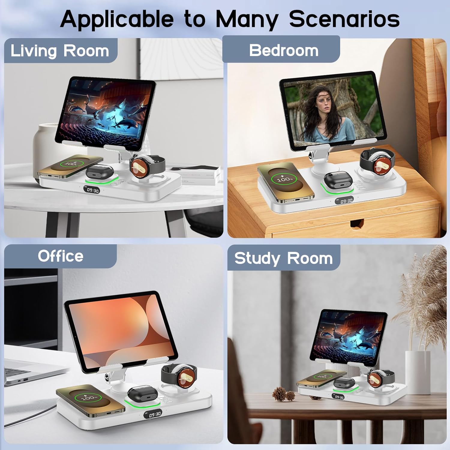 30W Wireless Charger for Samsung/Android Mag-Safe Charging Station with Clock/Light for Samsung S25/S24/S23 Ultra/Buds,for iPad/Tablet Foldable Stand, Watch Charger Only for Galaxy Watch 8/7/6/5,Pearl