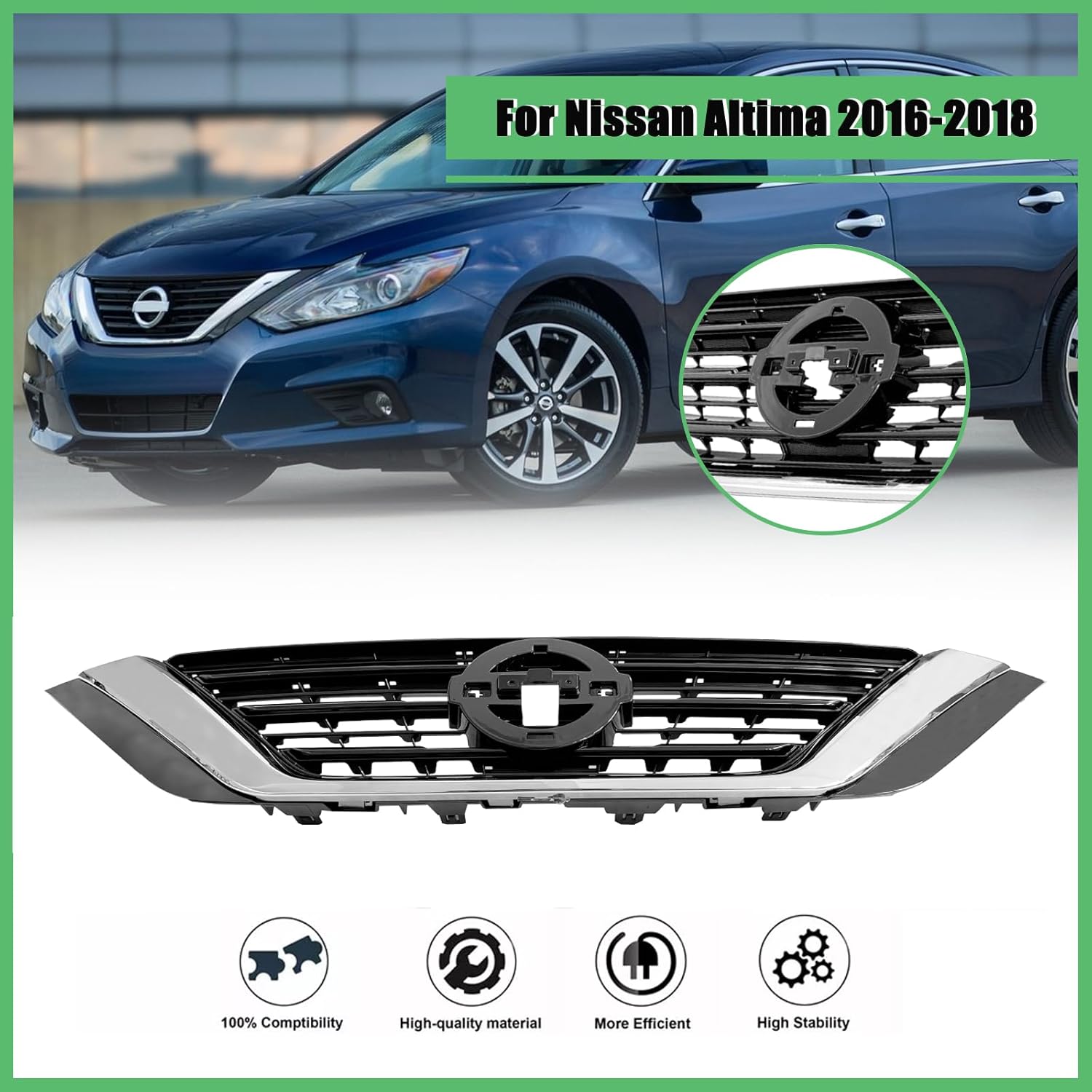 Grille Assembly Compatible For Nissan Altima Insert Grill 2016 2017 2018 Chrome Shell W/Black Insert Bumper Grill