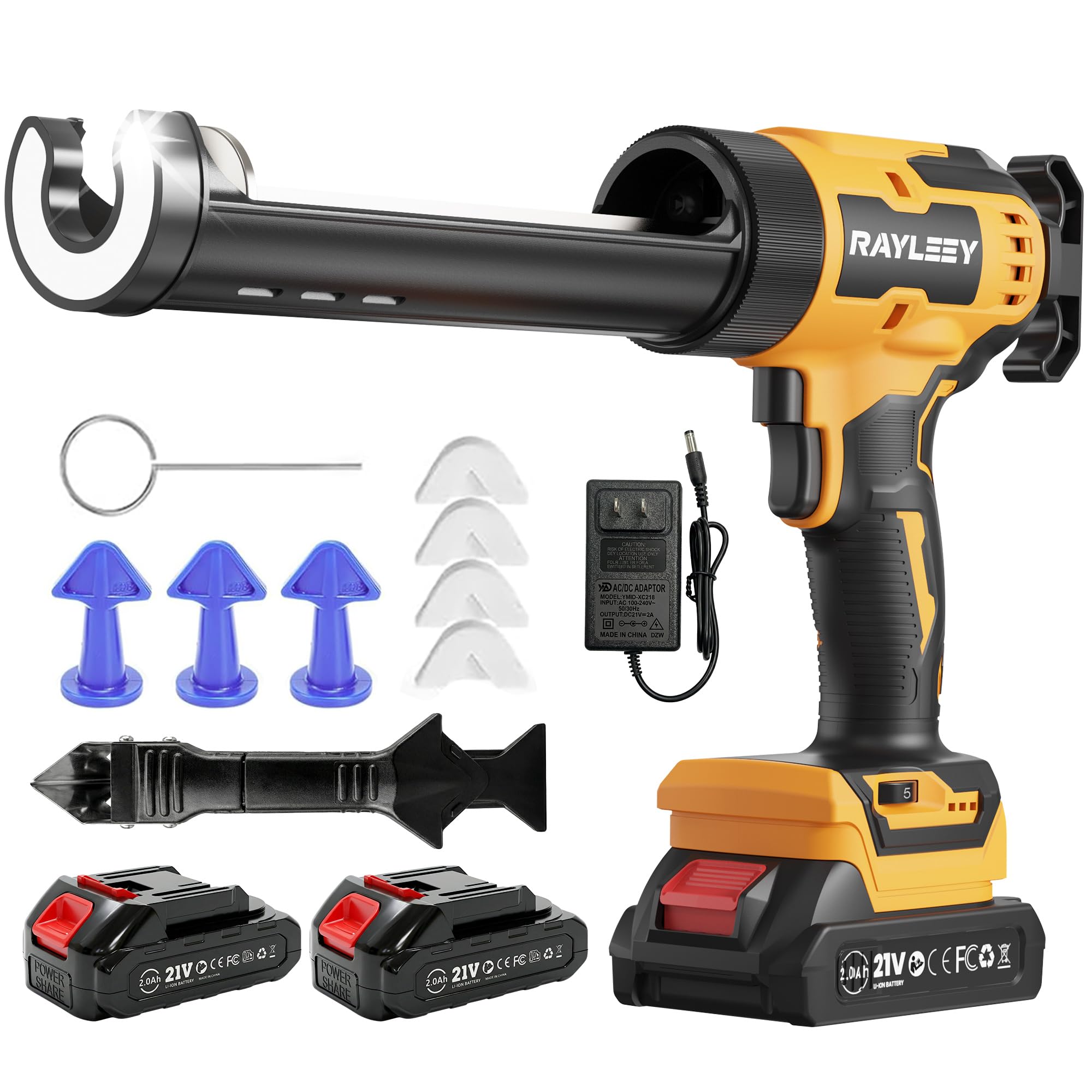 Cordless Caulking Gun with 2 x 2000mAh Batteries, 21V Electric Silicone Sealant Gun with 6 Adjustable Speed & LED Light, Anti-Drip, 9pcs Caulk Remover Tool for Home Sealing,Filling,Installation