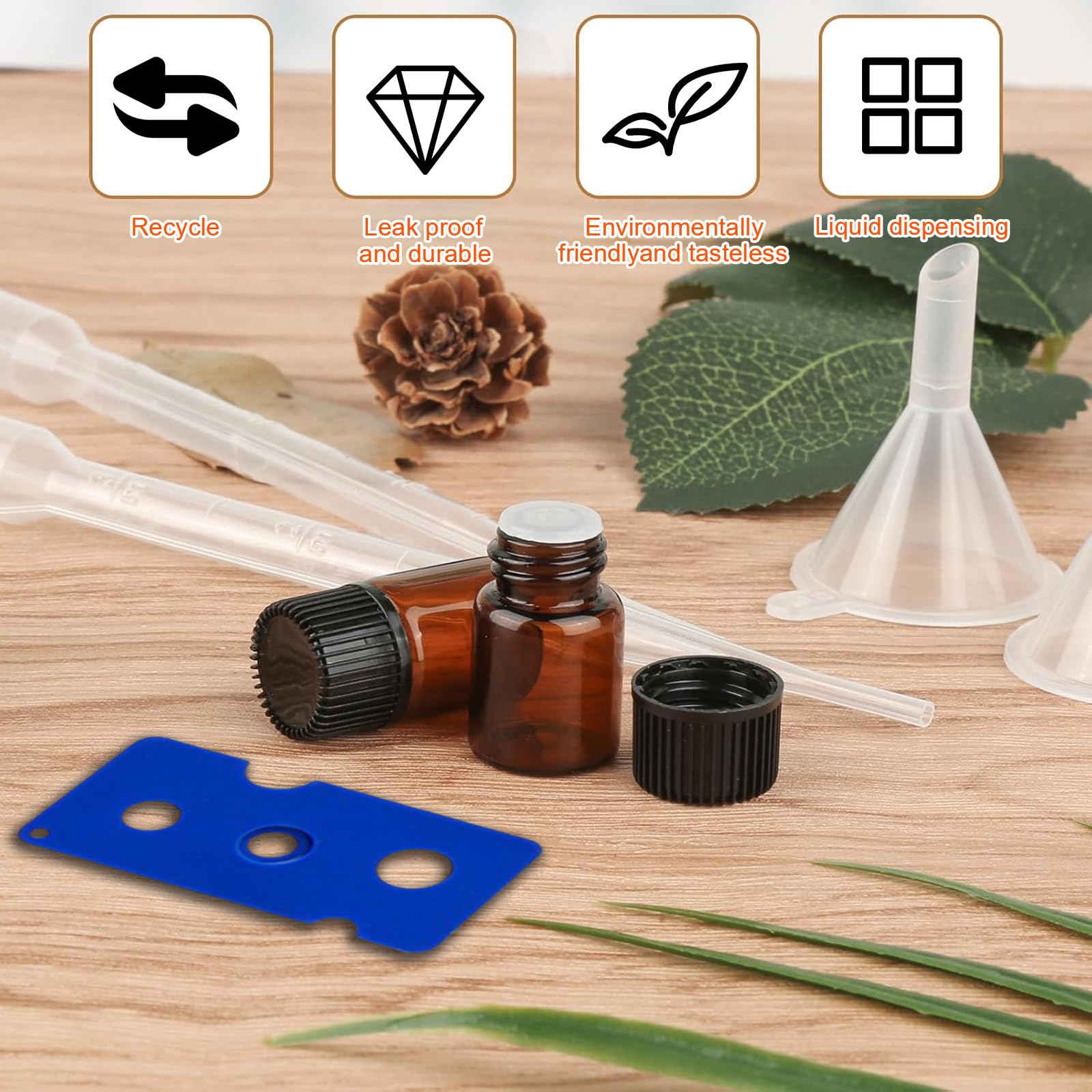 Mini Botellas de Aceite Esencial Vacías de Vidrio Ámbar 1ml, 100 pcs con Pipetas y Embudos