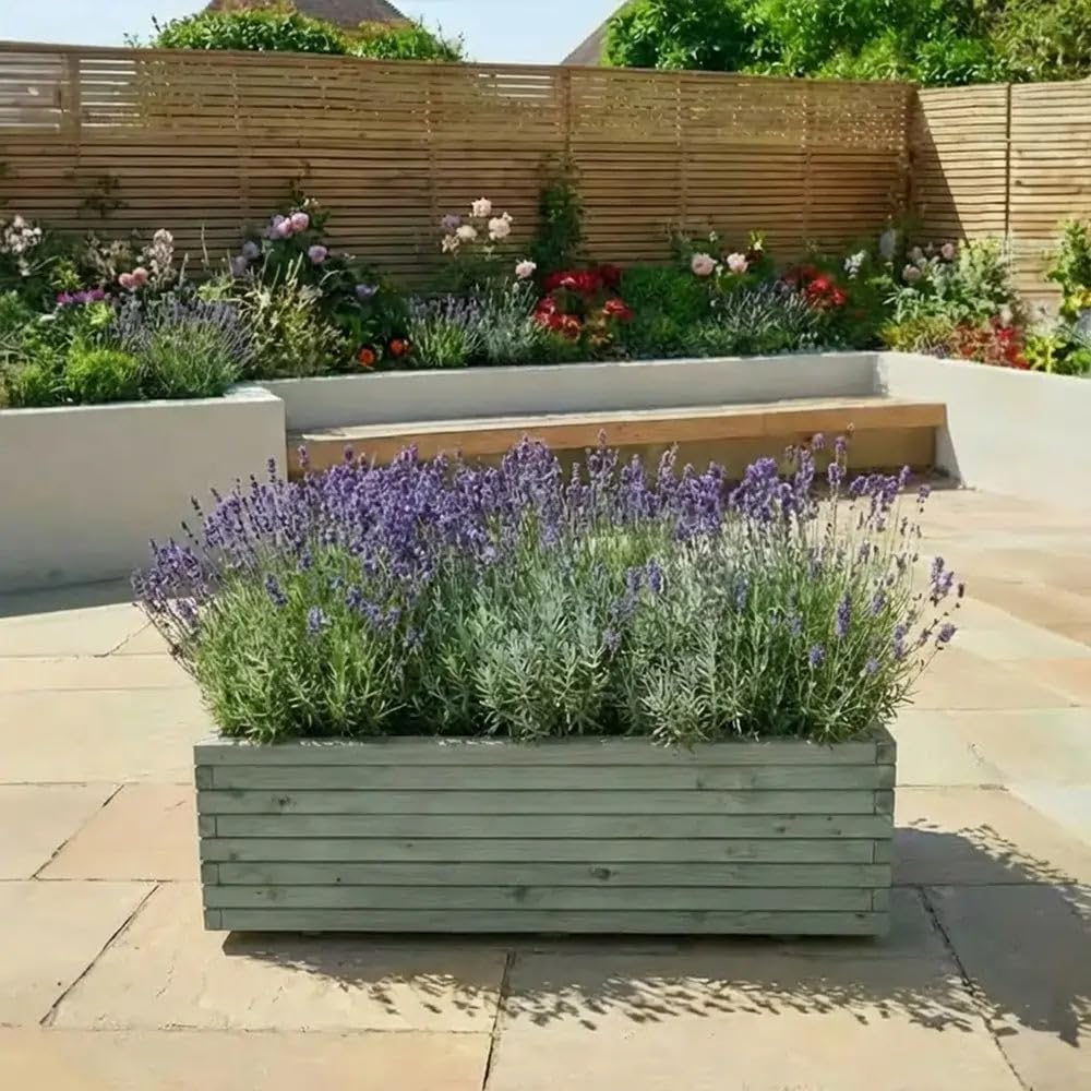 Tulipy Pine Wood Trough Planter with Feet, Liner & Wheels | 4 Colours | 5 Sizes | Flatpacked (Sage Green, L140cm x W40cm x H40cm)