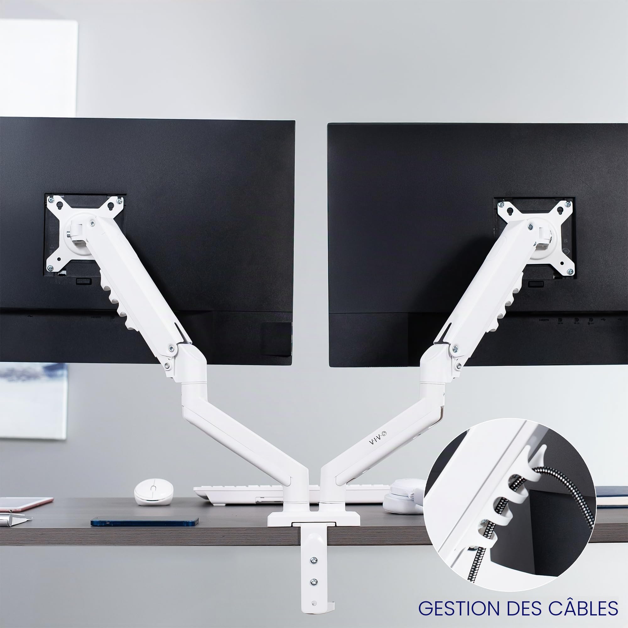 Vivo STAND-V102OW Support articulé à Double Bras pneumatique à Ressort pour 2 écrans avec VESA Max 100 x 100 cm Blanc