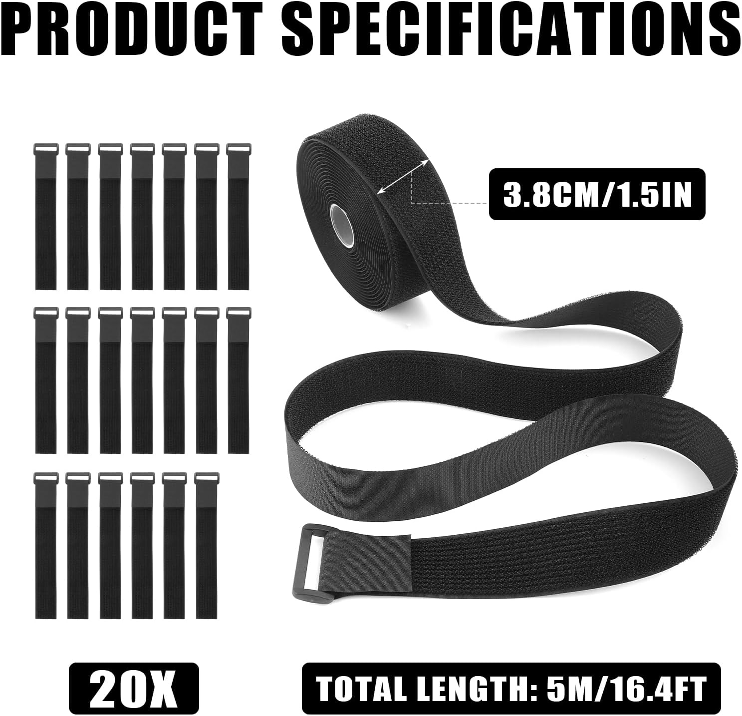Hook and Loop Strap with 20 Buckles, Cinch Straps 1.5 Inch Wide Adjustable Nylon Fastening Cable Straps Reusable Magic Adhesive Securing Cable Ties Free Cutting for Organizer or Storage
