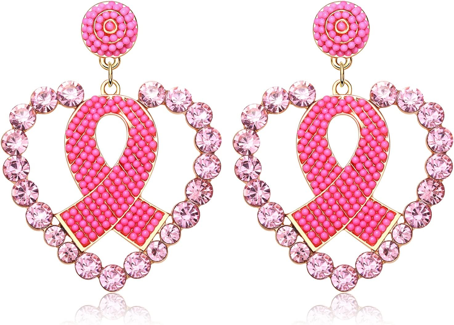 Breast Cancer Awareness Earrings Beaded Pink Ribbon Earrings for Women Glitter Rhinestone Heart Drop Dangle Earrings Statement Breast Cancer Survivor Jewelry Gifts (Crystal)