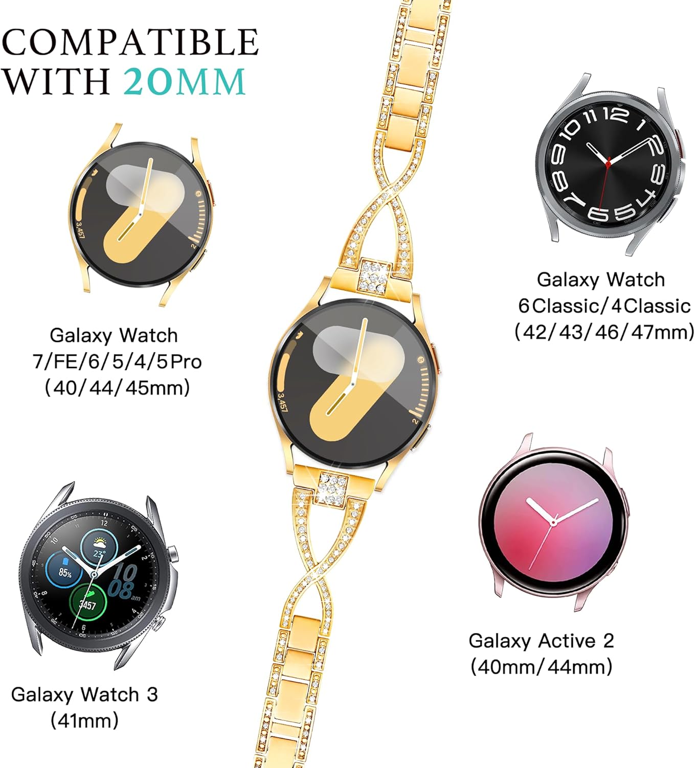20mm X-Shape Band for Samsung Galaxy Watch 7 6 5 4 FE Band 40mm 44mm /5Pro/6 4 Cassic/Watch 3 41mm/Active 2, Women Bling Diamond Metal Strap for Samsung Watch Bands 7 6 5 4 FE-Gold - Image 3