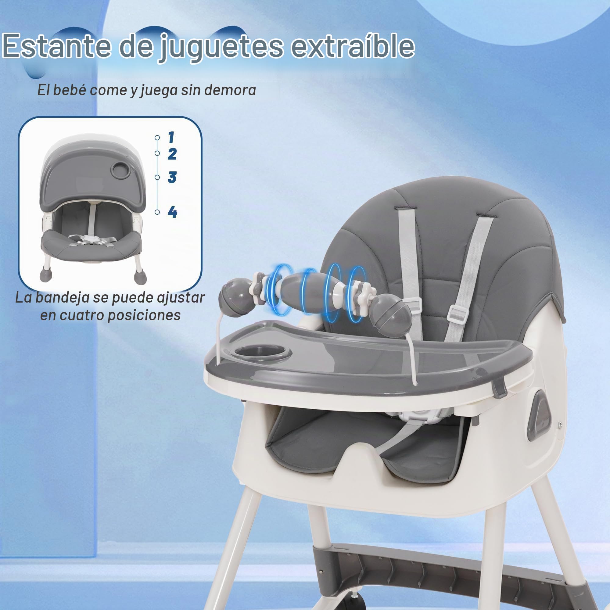Trona bebé Plegable 3 en 1, 3 Posiciones, Reclinable con Ruedas y Doble Bandeja Extraíble, Asiento Reposapiés con Estante para Juguetes, Altura Regulable para Bebés de 6+ Meses