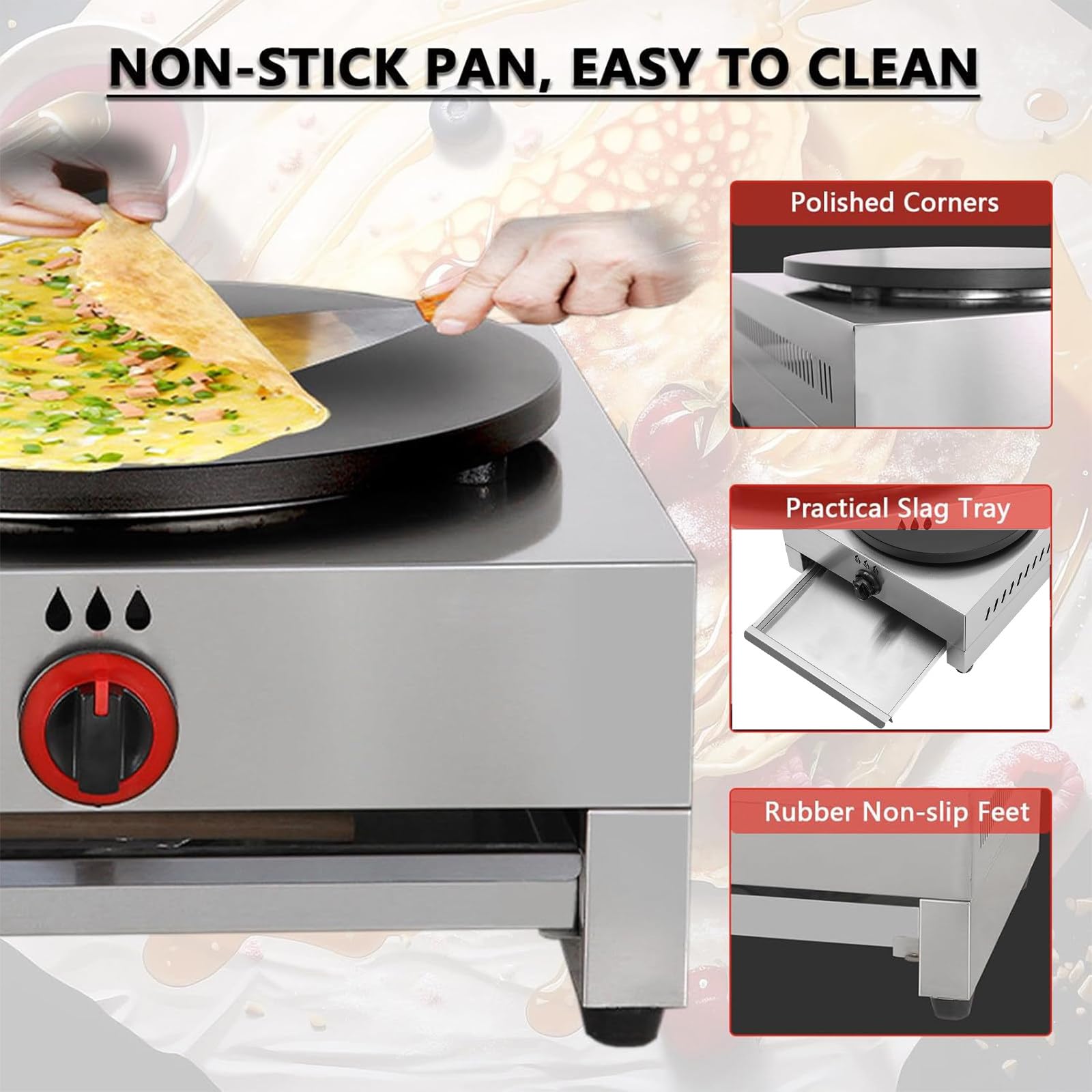 Crepera y Plancha para Cocinar, Antiadherente, 40cm/16 Pulgadas, Sartén para Tortillas de Escritorio para Uso Doméstico y Comercial con Cajón,Gas