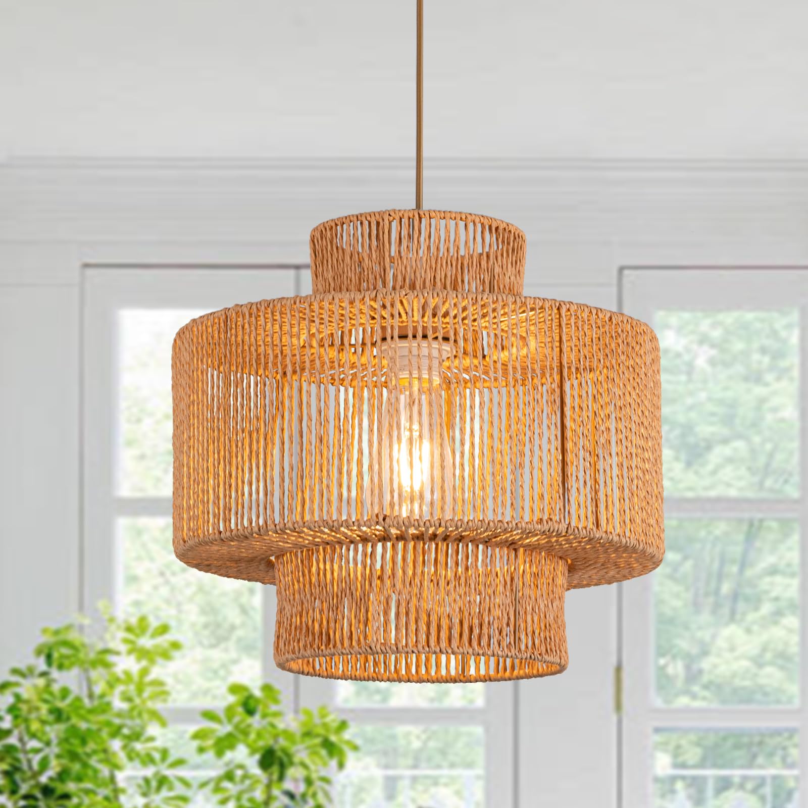 DSLITING Boho Chandelier Rattan Pendant Light for Dinning Room Bohemian Hanging Lights 3-Tier Rattan Chandelier Basket Light Woven Light for Bedroom