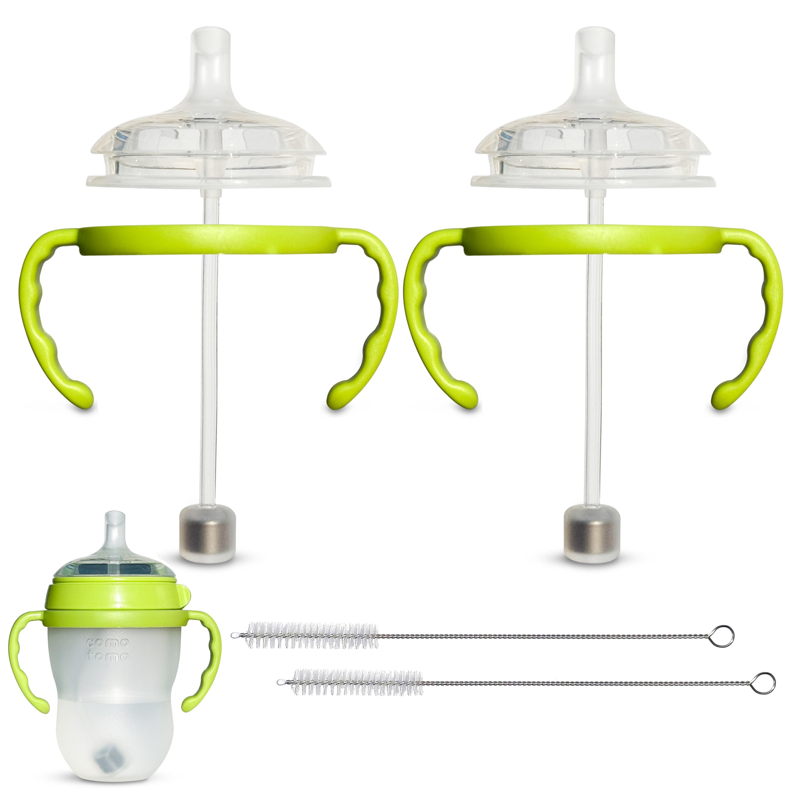 Straw Cup Conversion Kit for Comotomo Baby Bottles 2-Count, Food Grade Silicone Straw Nipples, All Silicone Weighted Straw, Bottle Handles and Cleaning Brush, BPA Free, 6+ Months (Straw Top, Green)