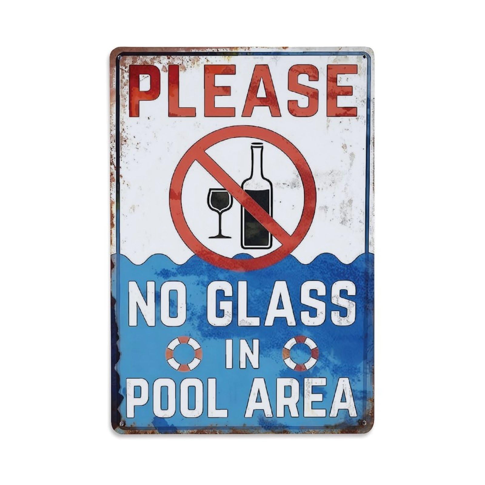 No Glass In Pool Area Vintage Pool Warning Vertical Sign Vintage Aluminium Metal Sign, Retro Wall Decor for Home, Bar, Garage & Farmhouse 30x20cm